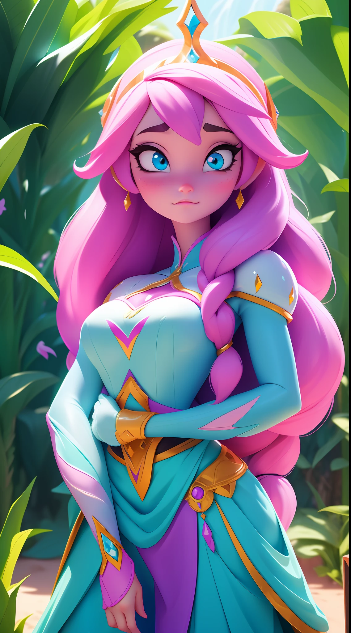 Elsa-Princess Bubblegum Fusion, melting, Mesclando modelos, Roupas da Princesa jujuba, particulas, reino doce, 1girl, Beautiful, (master part:1.2), (melhor qualidade:1.2), ((pose de luta)), ((campo de batalha)), cinemactic, olhos perfeitos, pele perfeita, perfect lighting, sorrir, luz, cor, pele texturizada, detalhe, Beleza, maravilha, ultra-detalhado, rosto perfeito