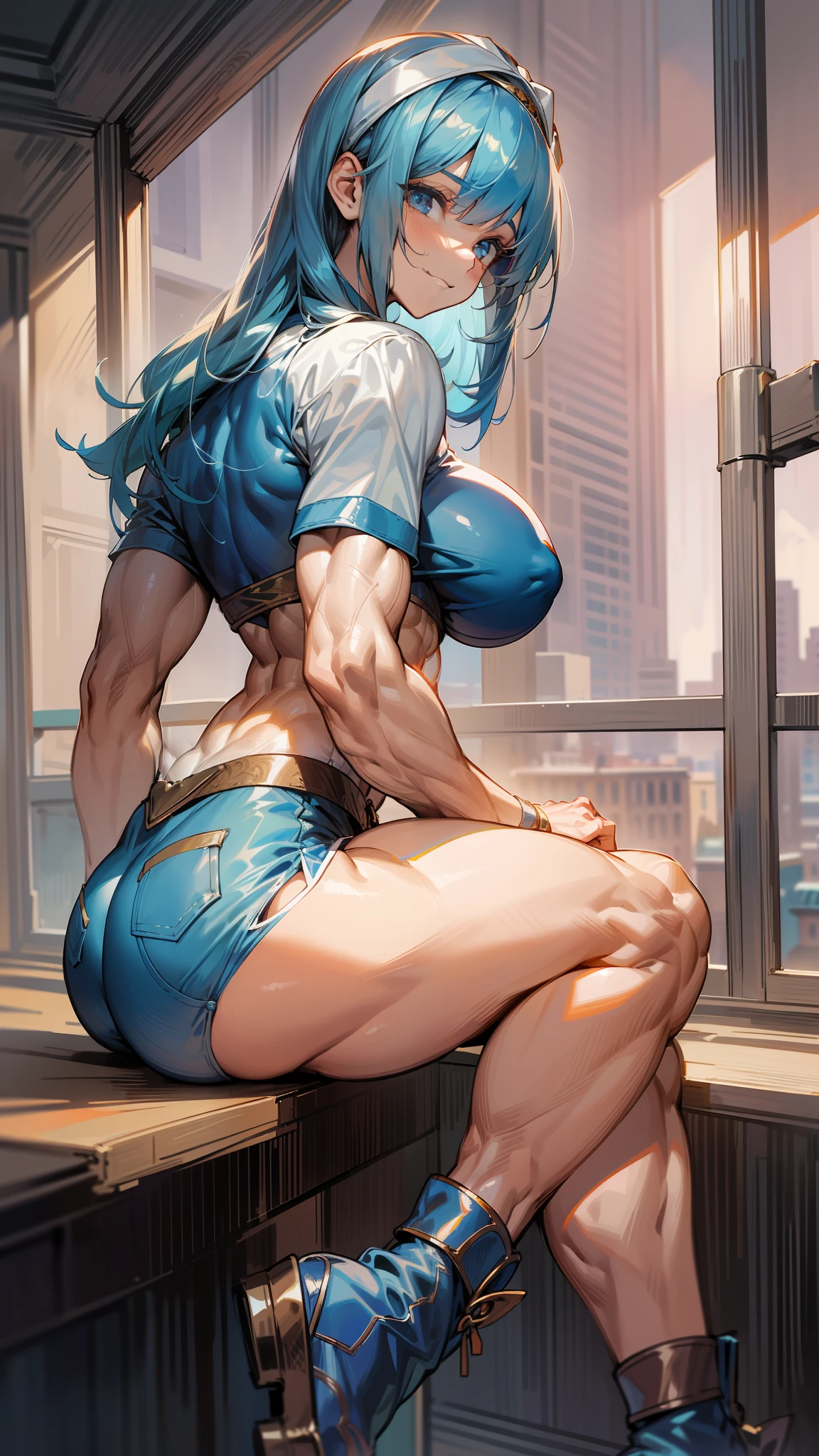 ((Best quality)), ((Masterpiece)), ((highly intricate detail)), High quality, A high resolution, absurderes, light difussion, Intricate details, Complex details, (Perfect face:1.3), extreme detailed eyes, Colorful, highest details, Vibrant colors, High contrast, (8K UHD:1.2), (Photorealistic:1.2),(Masterpiece:1.4), (Best quality:1.4), Photorealsitic,In the daytime,inside in room,janelas,City view from the window,(Muscle woman,Heroic,Handsome looking,with fair skin,plain face),Look sideways at the camera,Bulging muscles,The muscles are well defined,Height 2 meters,Tall,Eight-pack abs,Developed biceps,The deltoid muscle is developed,Well-developed leg muscles,The latissimus dorsi muscles are well developed,Stout arms,Thick legs,Peach buttocks,Straight buttocks,Modern clothing,Ultra-low rise skinny shorts,Red short-sleeved T-shirt,Expose abs,Medium section,(Blue hair,with long coiled hair,Thick bangs,slanted bangs),(blue color eyes,largeeyes,gem-like eyes),White headband,ssmile,The arms are not wearing anything