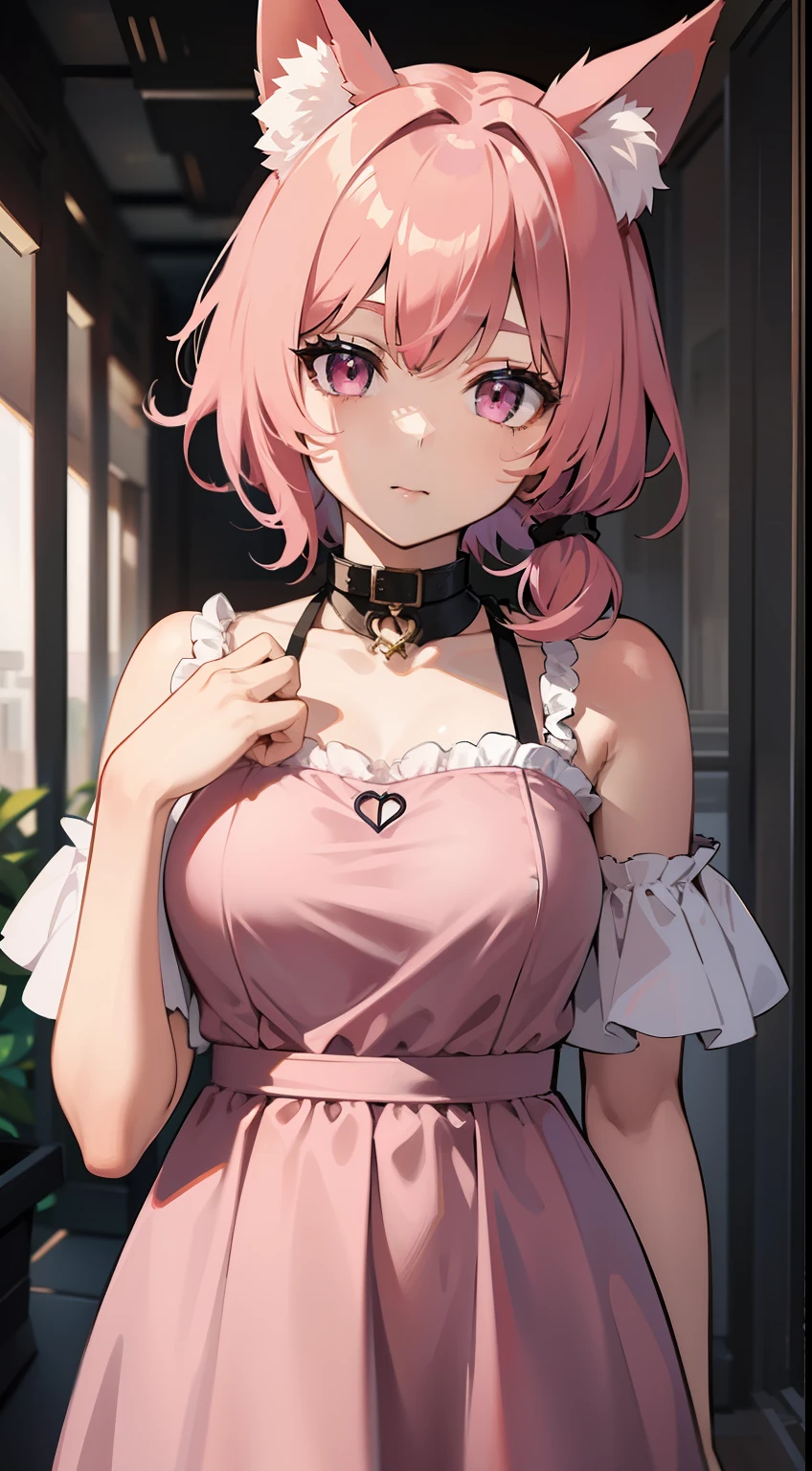 Adult tall girl, short pink hair, low ponytail, Fox ears, pink eyes, tight dress, pomade, Masterpiece, hiquality