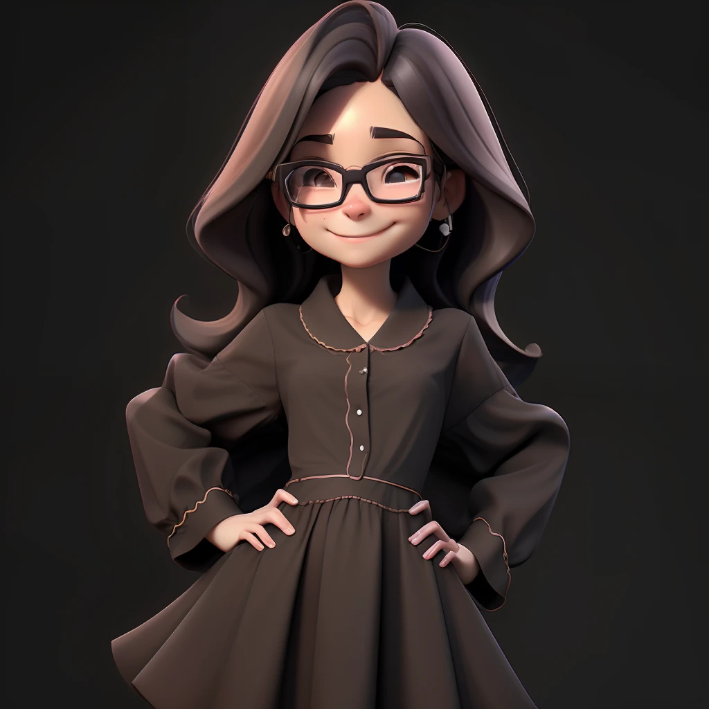 1menina, solo, cabelo longo, olhos pretos, Eyeglasses, cabelo preto, sorriso, brincos, pijamas, mangas curtas, joias, mangas inchadas, olhando para o espectador, vestido, mangas curtas inchadas, parte superior do corpo, fundo simples, vestido BROWN, fundo preto, blush, labia