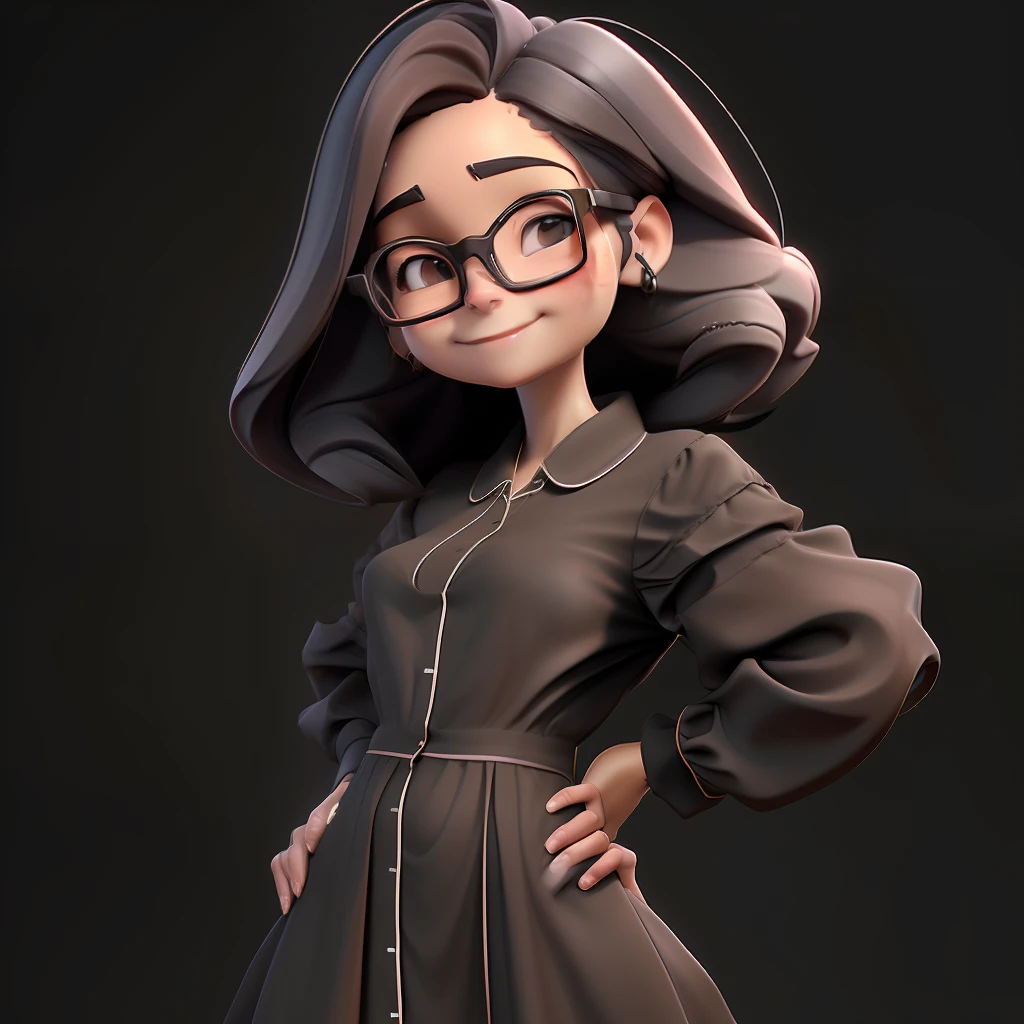 1menina, solo, cabelo longo, olhos pretos, Eyeglasses, cabelo preto, sorriso, brincos, pijamas, mangas curtas, joias, mangas inchadas, olhando para o espectador, vestido, mangas curtas inchadas, parte superior do corpo, fundo simples, vestido BROWN, fundo preto, blush, labia