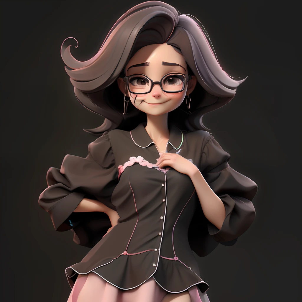 1menina, solo, cabelo longo, olhos pretos, Eyeglasses, cabelo preto, sorriso, brincos, pijamas, mangas curtas, joias, mangas inchadas, olhando para o espectador, vestido, mangas curtas inchadas, parte superior do corpo, fundo simples, vestido BROWN, fundo preto, blush, labia