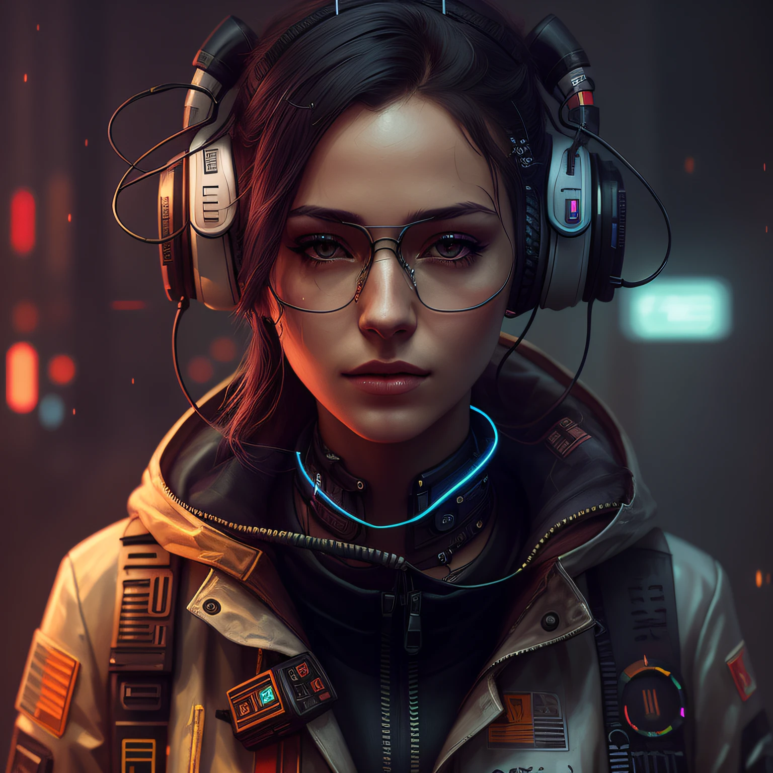 There's a woman with headphones and a jacket in, Wojtek FUS, retrato cyberpunk, O retrato da menina cyberpunk, estilo de arte cyberpunk, pintura digital cyberpunk, cyberpunk themed art, advanced digital cyberpunk art, bela arte digital, style hybrid mix of beeple, detailed cyberpunk illustration, stunning digital illustration, estilo cyberpunk hiper-realista, Sci-Fi Digital Art Illustration