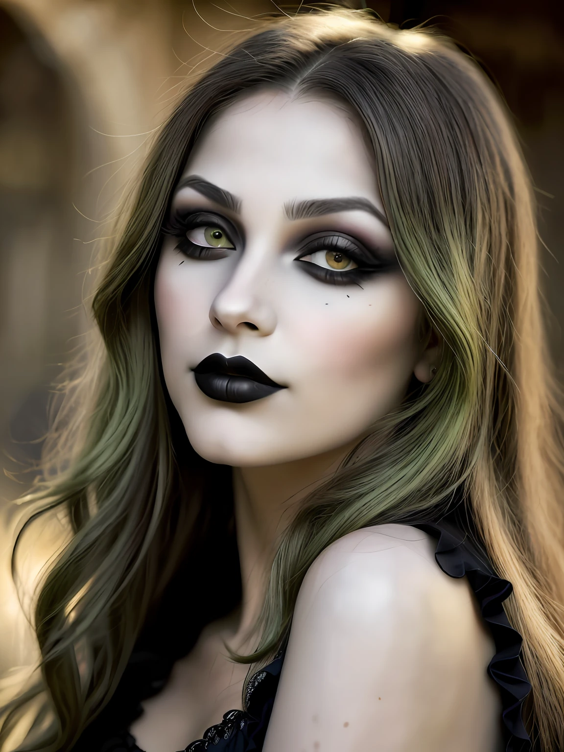 (close-up, fotografia, 20 yo gothic woman) (olhos verdes, Artistic makeup:1.2) (rosto altamente detalhado:1.4) (sorriso:0.7) (cabelos tingidos de azul: 1,5) (fundo dentro escuro: 1.3), por Steve McCurry, canon m50, fotografia editorial, lente f1.8, gargantilha preta, hiper realista, textura realista, lighting dramatic