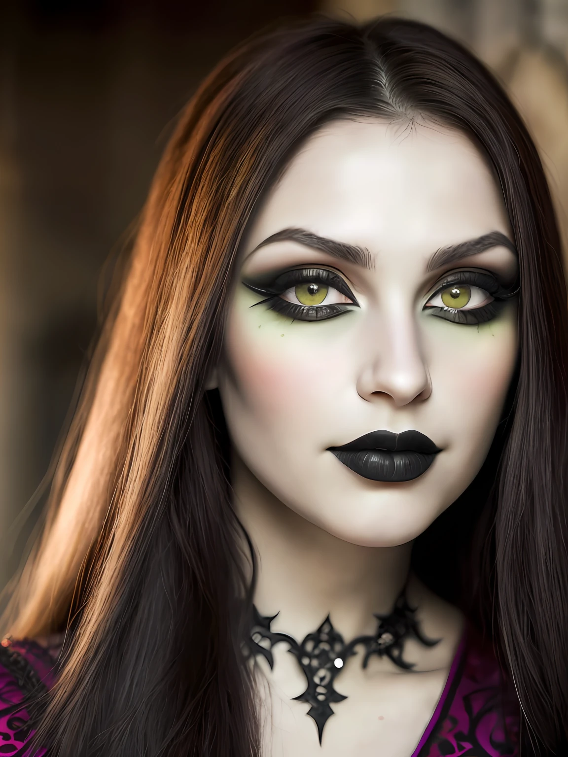 (close-up, fotografia, 20 yo gothic woman) (olhos verdes, Artistic makeup:1.2) (rosto altamente detalhado:1.4) (sorriso:0.7) (cabelos tingidos de azul: 1,5) (fundo dentro escuro: 1.3), por Steve McCurry, canon m50, fotografia editorial, lente f1.8, gargantilha preta, hiper realista, textura realista, lighting dramatic