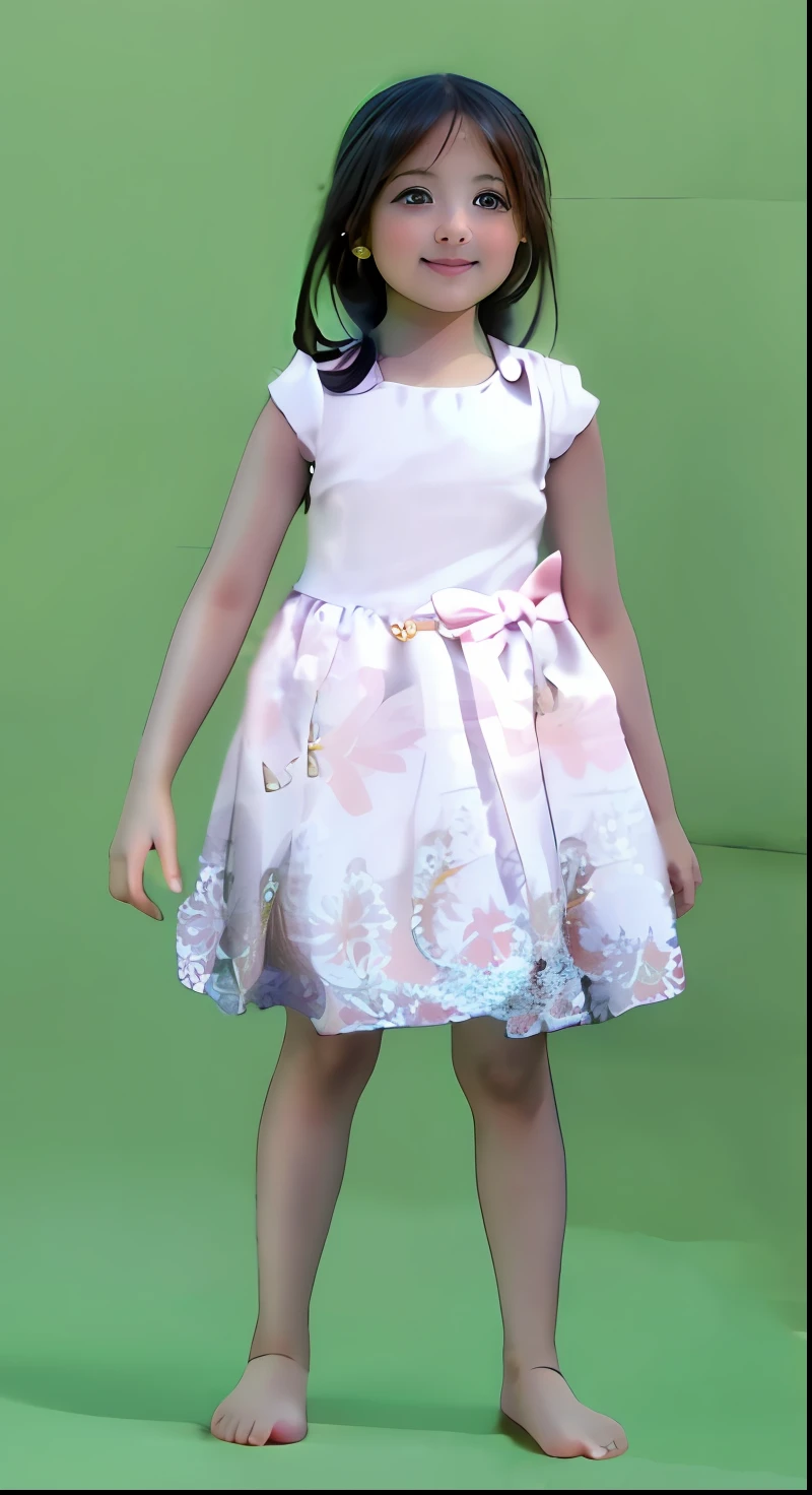 "A close up portrait of a baby girl standing on a vibrant green surface, wearing an adorable frock, with her captivating eyes and a charming smile, embodying the innocence and sweetness. The photo should have photorealistic details, capturing the essence of an anime character girl with a touch of uniqueness and an otherworldly charm."
