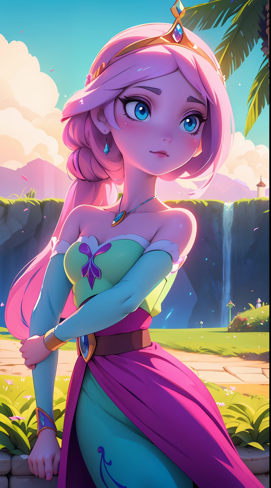 Elsa-Princess Bubblegum Fusion, melting, Mesclando modelos, Roupas da Princesa jujuba, particulas, reino doce, 1girl, Beautiful, (master part:1.2), (melhor qualidade:1.2), ((pose de luta)), ((campo de batalha)), cinemactic, olhos perfeitos, pele perfeita, perfect lighting, sorrir, luz, cor, pele texturizada, detalhe, Beleza, maravilha, ultra-detalhado, rosto perfeito