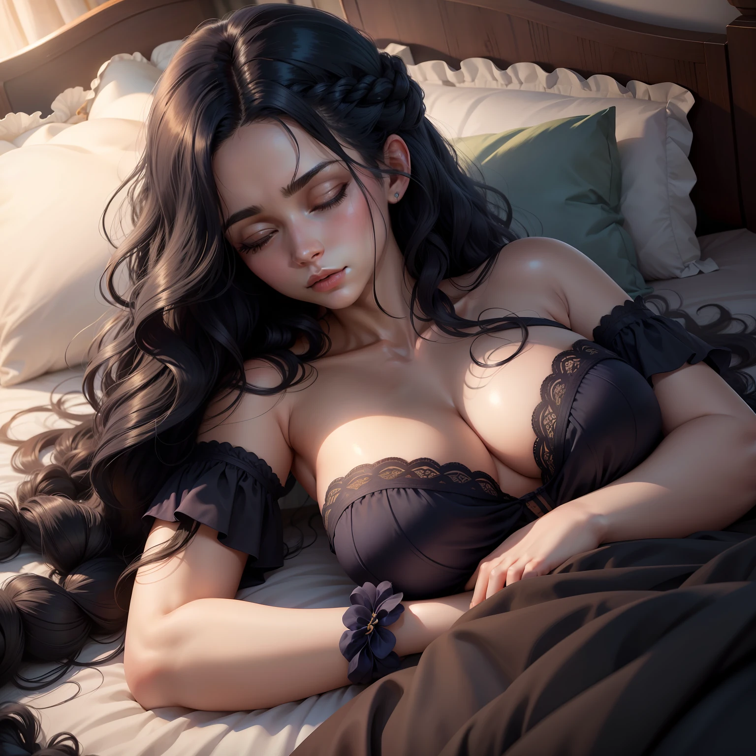 woman laying on a bed with a lot of hair, curly long dark blue hair, BRAIDED HAIRSTYLE, sleeping on the bed, natural lightning, 8k, illustrator, masterpiece, high quality, 8k, high resolution, high detailed, siting on the bed, wearing short flock , deferent color flowers on the hair ,high detailed body , high detailed hands,