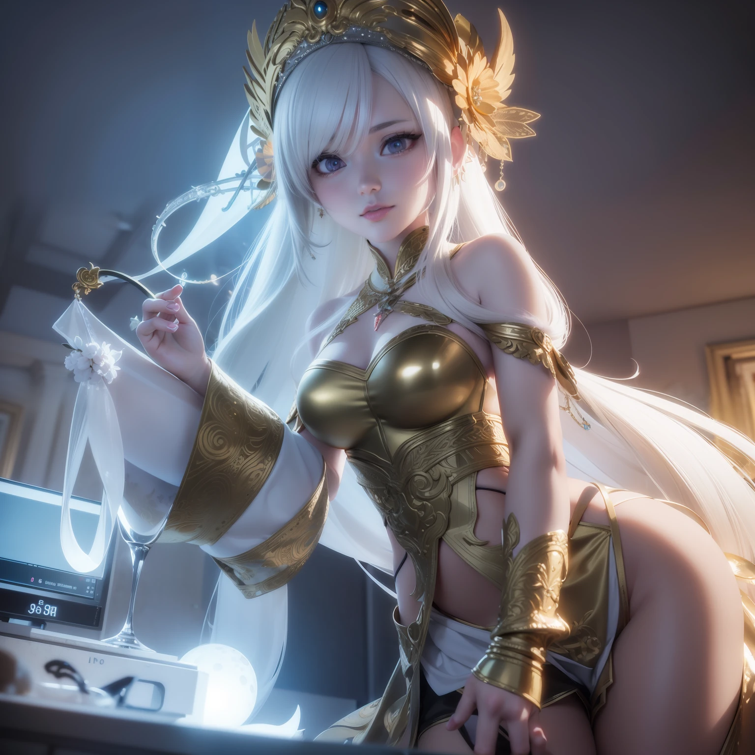 araffierte junge Frau in einem goldenen seidenem bauchfreien Federoutfit, von hellen Lichtern und Funken umgebem, anime goddess, Unreal-Engine-Rendering + a goddess, 3-D-Rendercharakter Kunst 8 K, render of a cute 3d anime girl, Artgerm, 3D-Unreal-Engine, Anime sehr detailliert, 8k hochwertige detaillierte Kunst, Goddess. Extrem hohe Detailgenauigkeit, photorealistic anime girl render, Goddess of Light