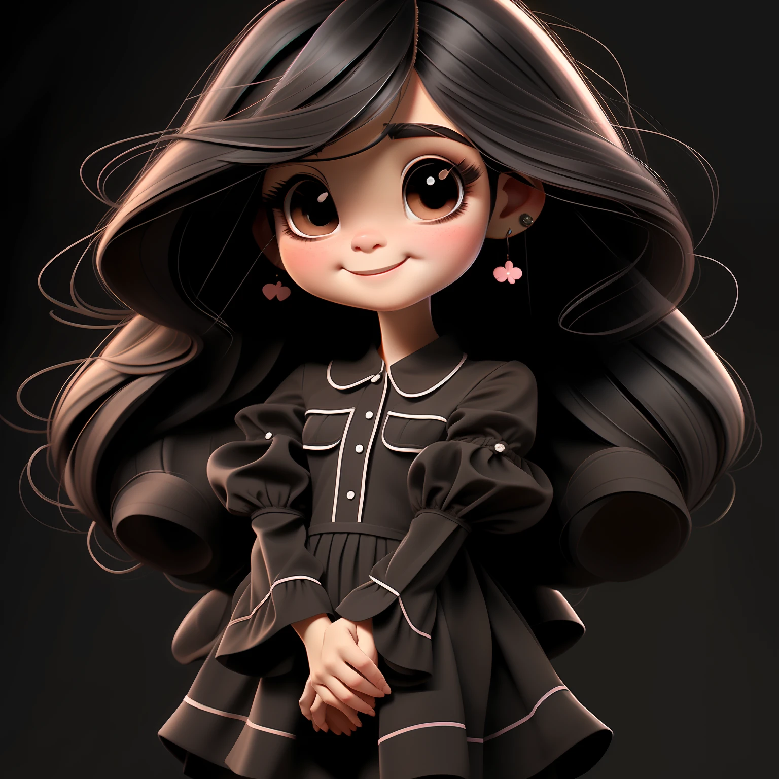 1girl, solo, long hair, BLACK eyes, black hair, smile, earrings, pajamas , short sleeves, jewelry, puffy sleeves, looking at viewer, dress, puffy short sleeves, upper body, simple background, BROWN dress, black background, blush, lips