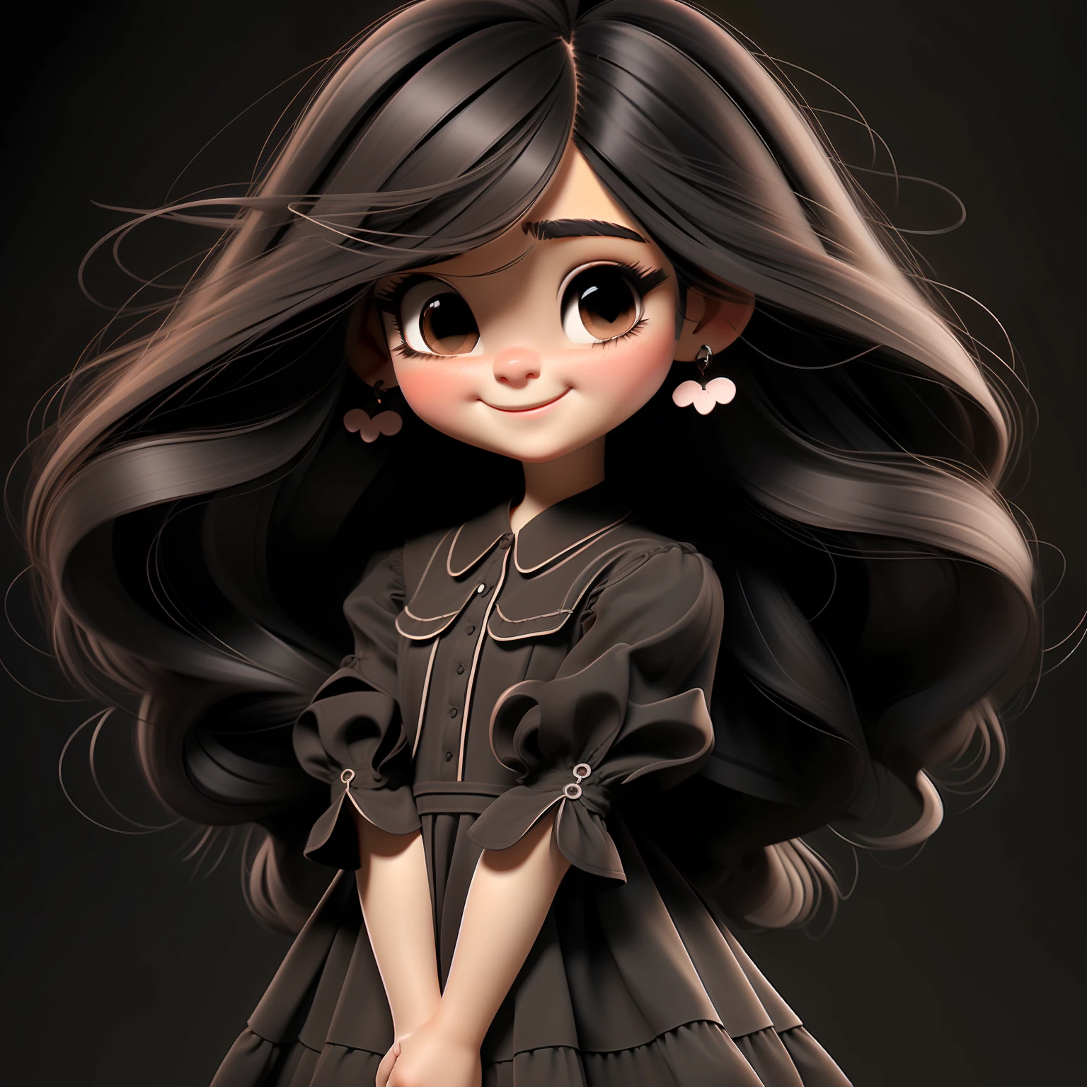 1girl, solo, long hair, BLACK eyes, black hair, smile, earrings, pajamas , short sleeves, jewelry, puffy sleeves, looking at viewer, dress, puffy short sleeves, upper body, simple background, BROWN dress, black background, blush, lips