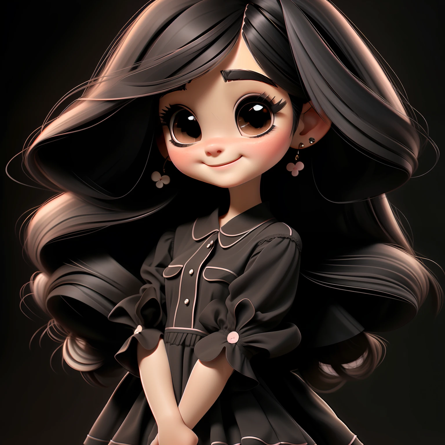 1girl, solo, long hair, BLACK eyes, black hair, smile, earrings, pajamas , short sleeves, jewelry, puffy sleeves, looking at viewer, dress, puffy short sleeves, upper body, simple background, BROWN dress, black background, blush, lips