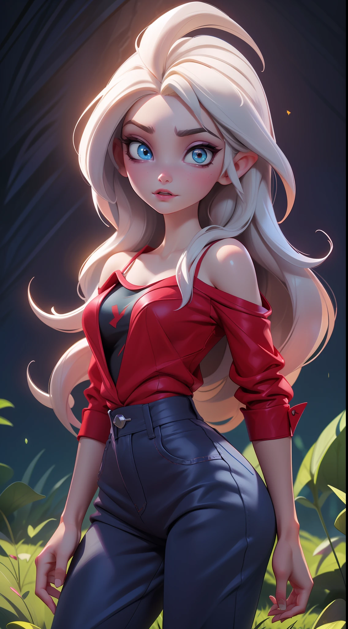 Elsa-Marceline Fusion, melting, Mesclando modelos, Roupas da Marceline, Red Top and Jeans, White hair, particulas, reino doce, Candy Kingdom, 1girl, Beautiful, (master part:1.2), (melhor qualidade:1.2), ((pose de luta)), ((campo de batalha)), cinemactic, olhos perfeitos, pele perfeita, perfect lighting, sorrir, luz, cor, pele texturizada, detalhe, Beleza, maravilha, ultra-detalhado, rosto perfeito