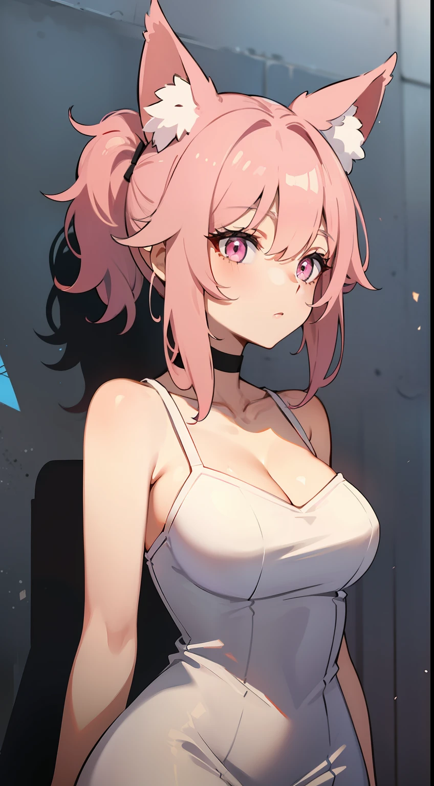 Adult tall girl, short pink hair, low ponytail, Fox ears, pink eyes, tight white dress, pomade, Masterpiece, hiquality