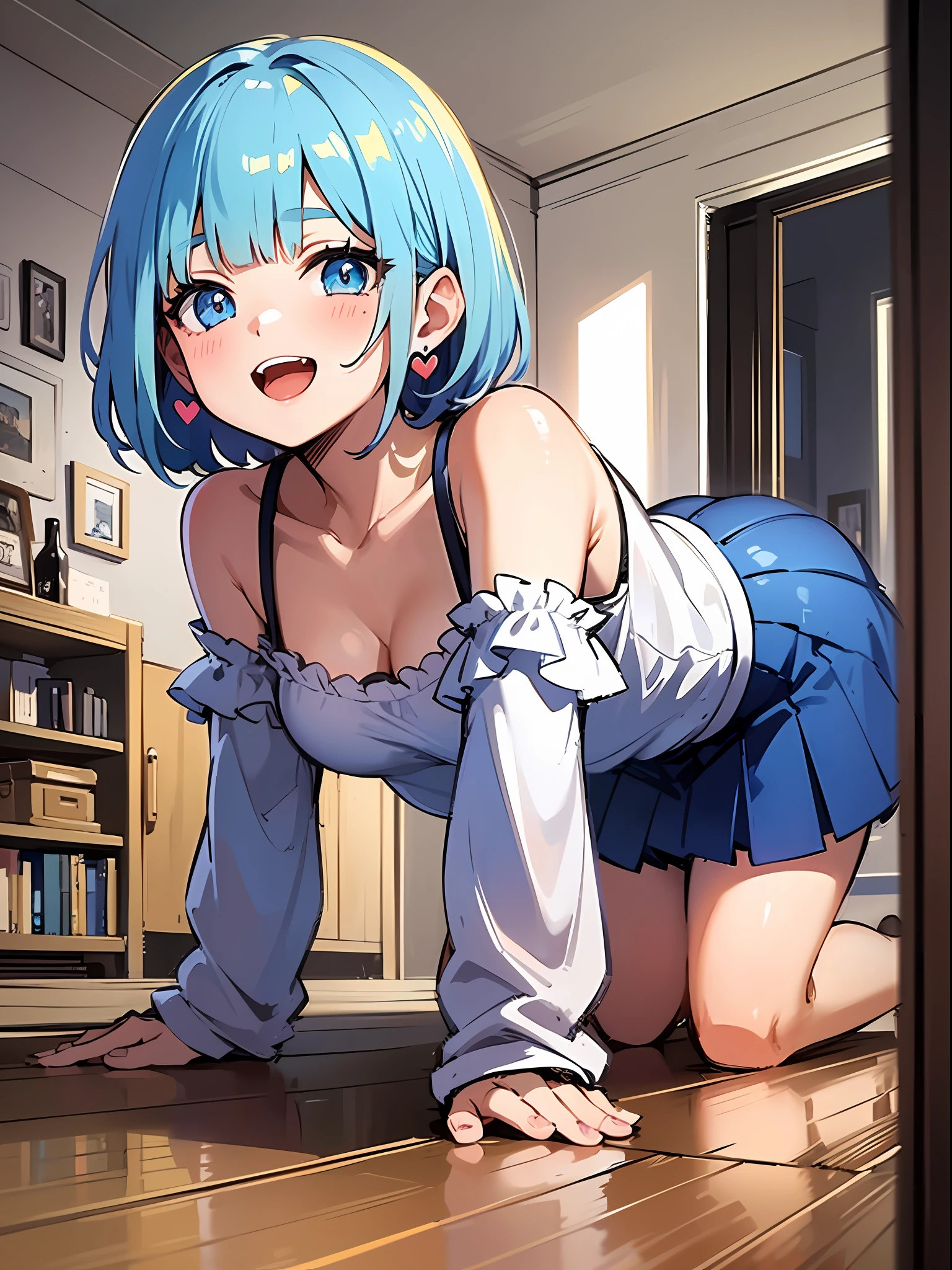 (masterpiece:1.3), (best quality:1.3), high resolution,
couboy shot,
crawling on all fours,
(one cute girl:1.3), solo,
white skin, small Breast, eight-headed person,
light blue hair, (bobbed hair:1.2), (short hair:1.2), (blunt bangs:1.2), beautiful hair, blue eyes, beautiful detailed eyes,
blush, open mouth, heart, cheerful smile,
casual clothes, blue check skirt, camisole, police officer in a miniskirt, detached sleeves, earrings,
indoors, white room, bed,
shadowlighting,