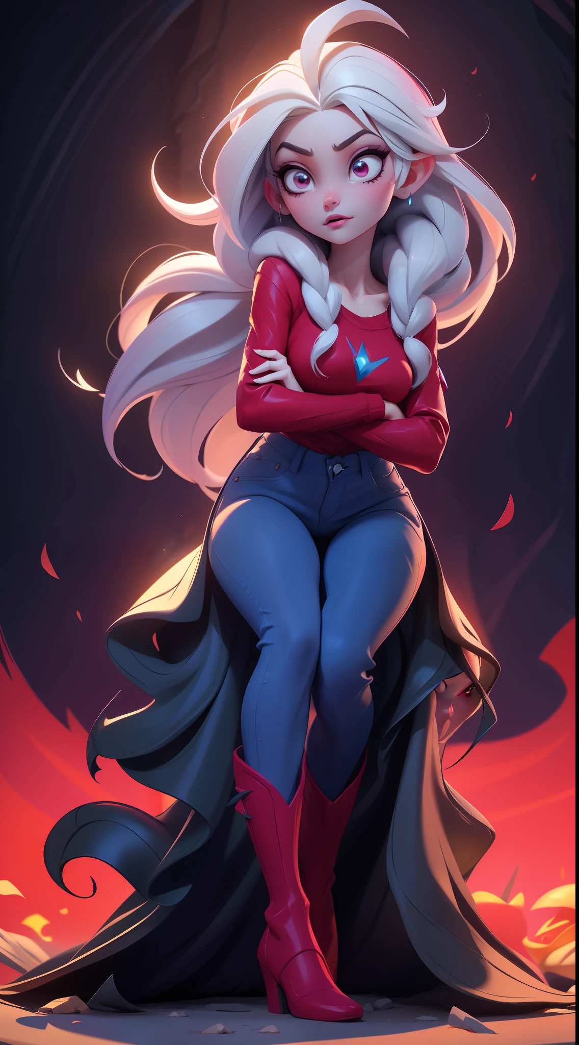 Elsa-Marceline Fusion, melting, Mesclando modelos, Roupas da Marceline, Red Top and Jeans, White hair, particulas, reino doce, Candy Kingdom, 1girl, Beautiful, (master part:1.2), (melhor qualidade:1.2), ((pose de luta)), ((campo de batalha)), cinemactic, olhos perfeitos, pele perfeita, perfect lighting, sorrir, luz, cor, pele texturizada, detalhe, Beleza, maravilha, ultra-detalhado, rosto perfeito