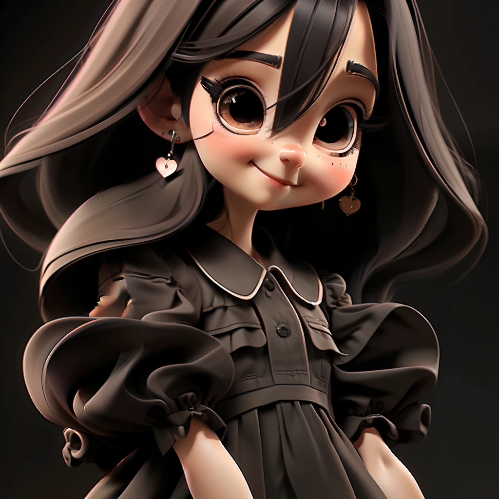 1girl, solo, long hair, BLACK eyes, black hair, smile, earrings, pajamas , short sleeves, jewelry, puffy sleeves, looking at viewer, dress, puffy short sleeves, upper body, simple background, BROWN dress, black background, blush, lips