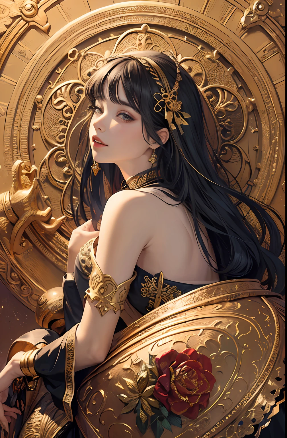 (masterpiece, top quality, best quality, official art, beautiful and aesthetic:1.2), (1girl), extreme detailed,colorful,highest detailed, official art, unity 8k wallpaper, ultra detailed, beautiful and aesthetic, beautiful, masterpiece, best quality, (zentangle, mandala, tangle, entangle) ,holy light,gold foil,gold leaf art,glitter drawing, PerfectNwsjMajic