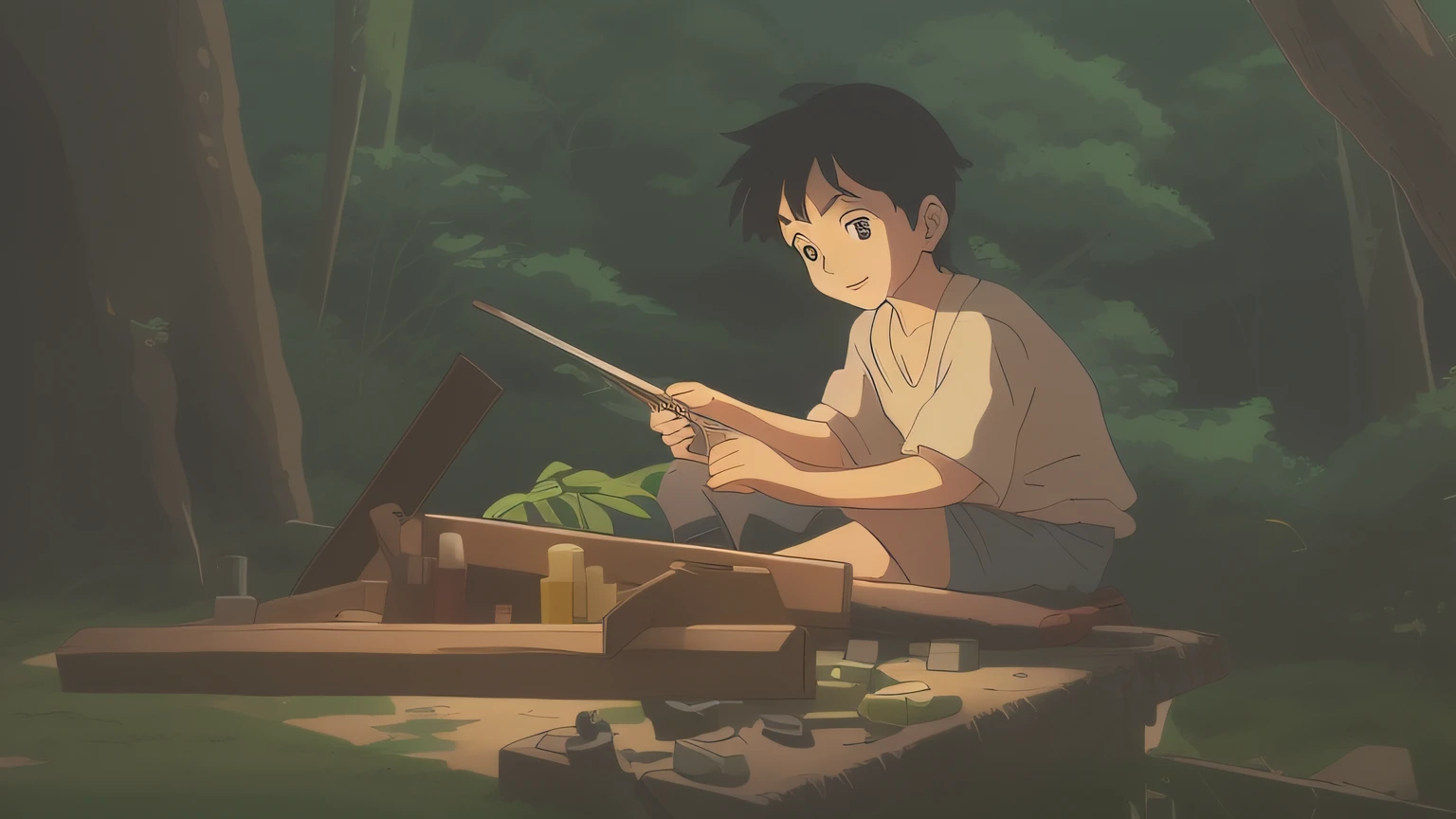 imagem arafed de um menino sentado em um banco com um pau, No filme de anime Studio Ghibli, studio ghibli artstyle, Official Studio Ghibli Still, estilo anime ghibli studio, Estilo de arte Ghibli, studio glibly makoto shinkai, Do filme Studio Ghibli, Estilo de Arte Studio Ghibli, Ghibli animated film, Ghibli Film Studio still, Estilo no anime Ghibli