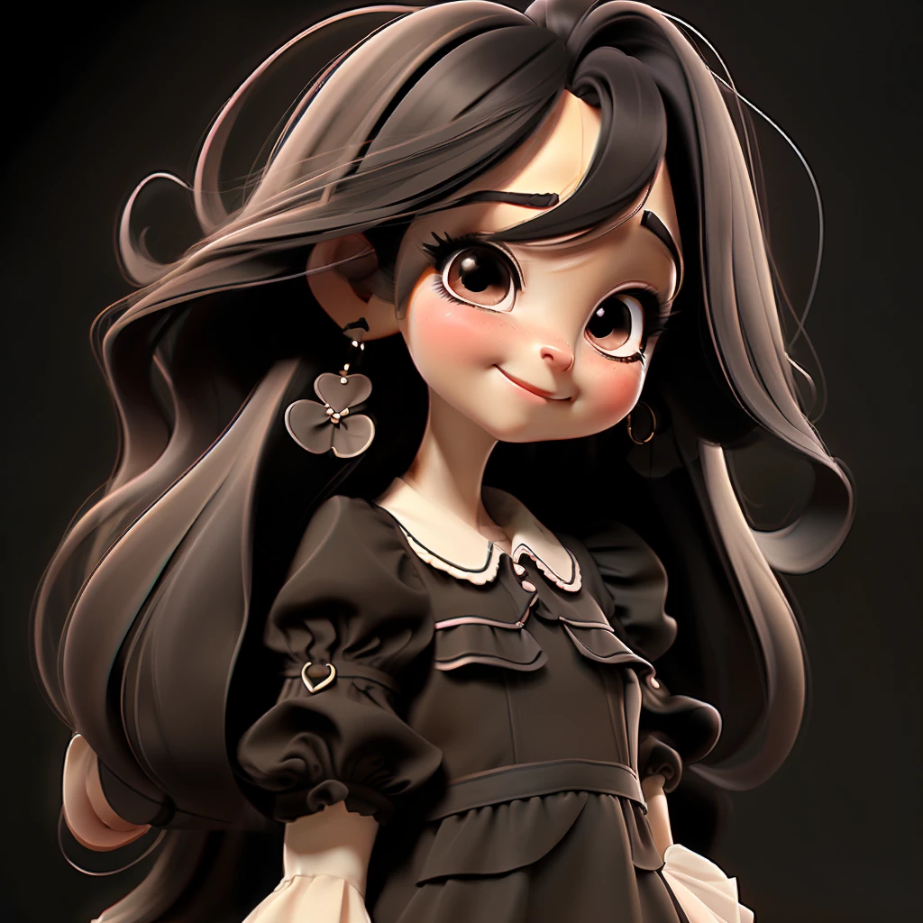 1girl, solo, long hair, BLACK eyes, black hair, smile, earrings, pajamas , short sleeves, jewelry, puffy sleeves, looking at viewer, dress, puffy short sleeves, upper body, simple background, BROWN dress, black background, blush, lips