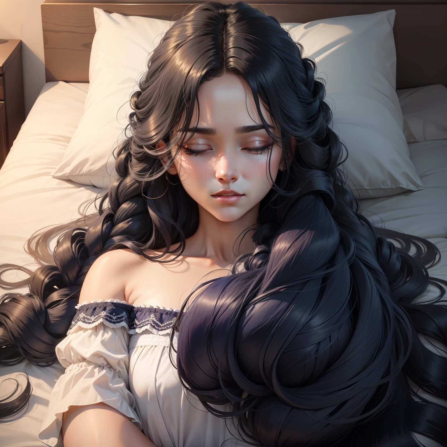 lot of hair, curly long dark blue hair, BRAIDED HAIRSTYLE, sleeping on the bed, natural lightning, 8k, illustrator, masterpiece, high quality, 8k, high resolution, high detailed, siting on the bed, wearing short flock , deferent color flowers on the hair ,high detailed body , high detailed hands,