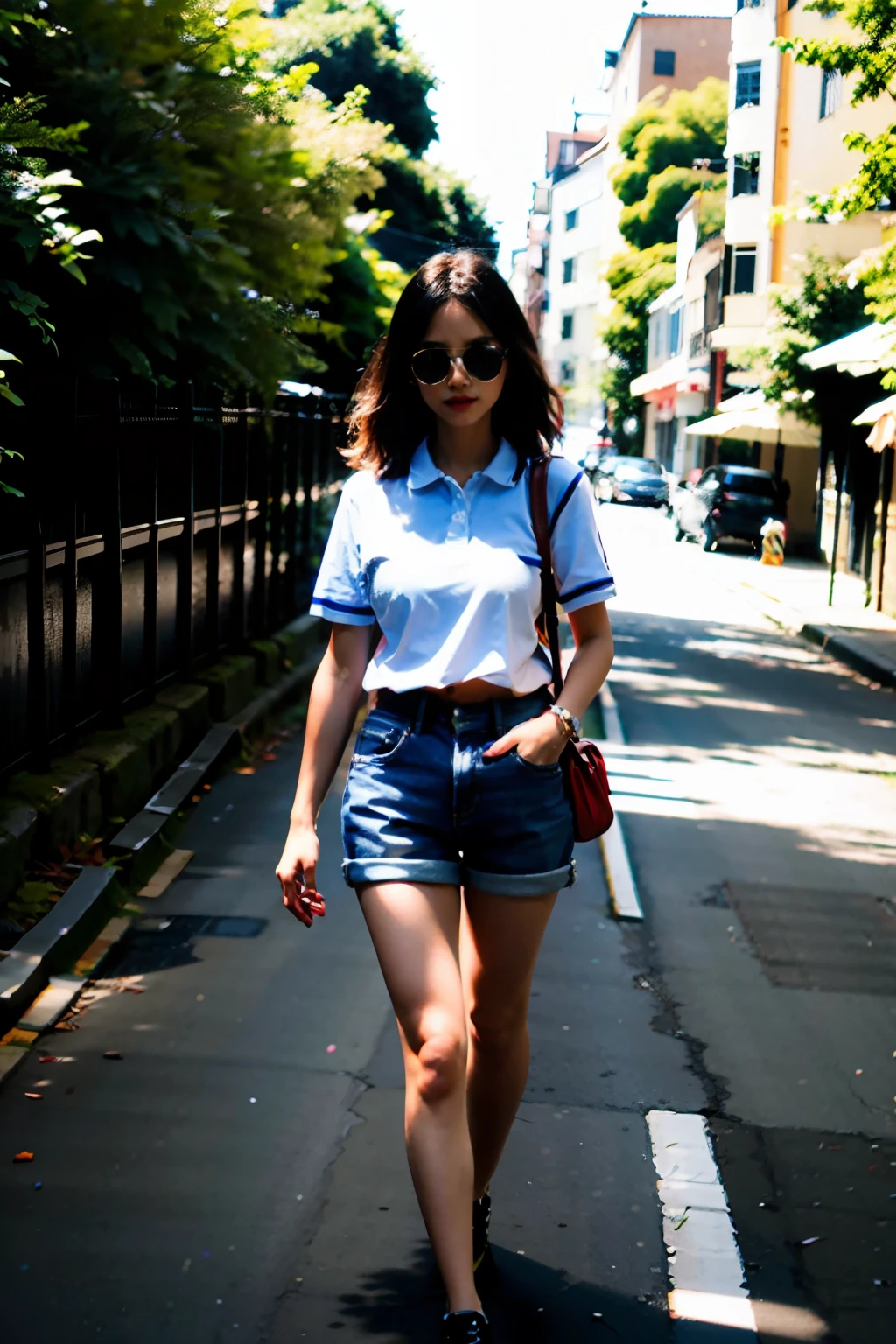 Beautiful 31-year-old woman full body, vestida en short y polo, caminando en una tarde de verano por un puerto , imagen en 3 D, calidad 23K, pocision centrada. Photo style 50 mm lens, apertura F 2.5