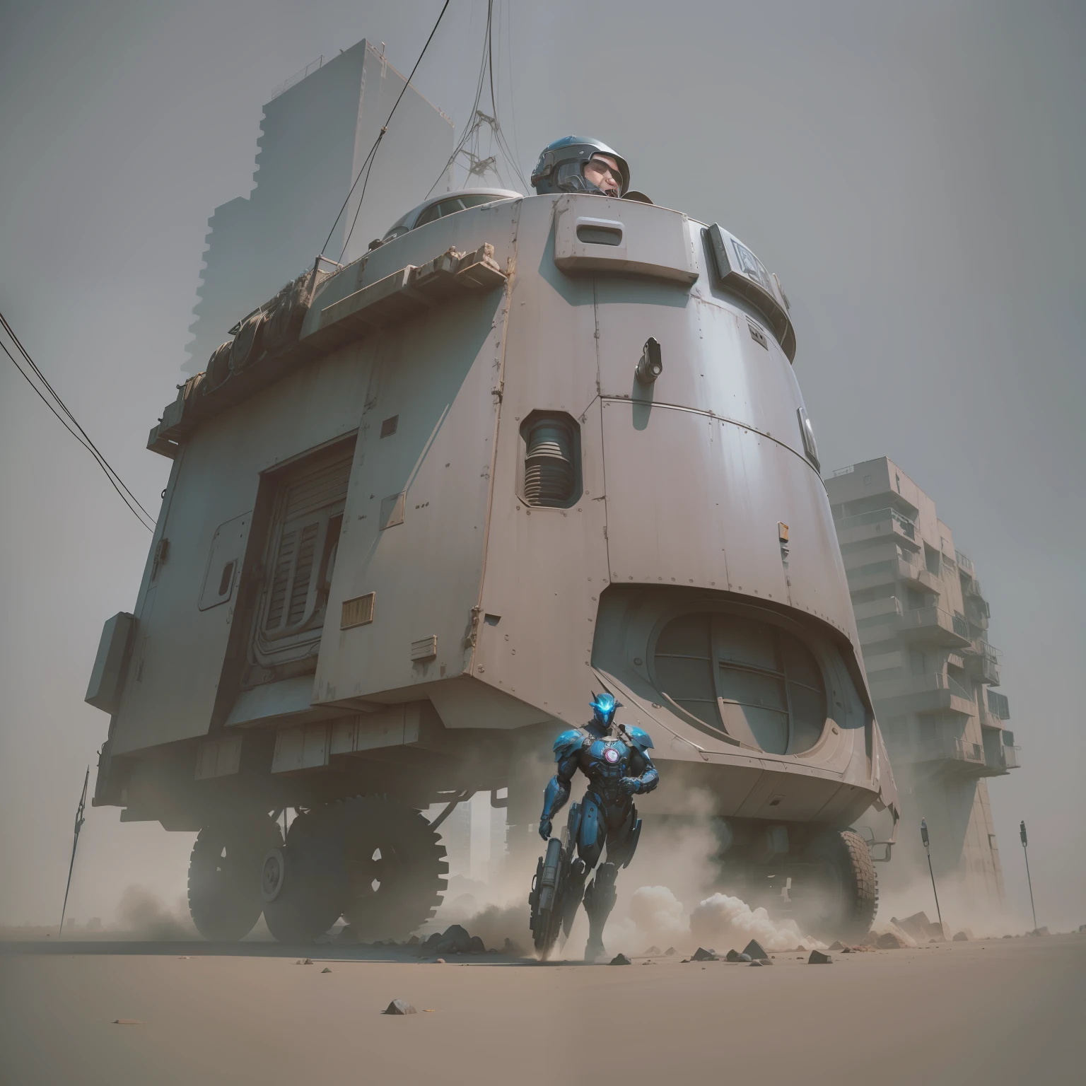 There's a big blue machine sitting on top of a table, Sci - Equipamentos de FI, hardsurface modelling, sci-fi car, 3 d render bipe, 3D Octane Render ConceptArt, photorealistic blade runner, hard surface modeling, hard surface 3 d, Directed by: Filip Hodas, em estilo de bipe, Nenhum estilo de arte de Filip Dark_Fantasy,Cyberpunk,(motosserra,homem da motosserra,Vermelho: 1.1),1man,mechanical marvel,robotic presence,cybernetic guardian, wearing a worn mechanical suit, intrincado, (steel metal [enferrujado]), elegante, foco claro , filmado por greg rutkowski, soft-lighting, cores vibrantes, obra-prima, ((rua)), tiro de cowboy, dinamic pose,