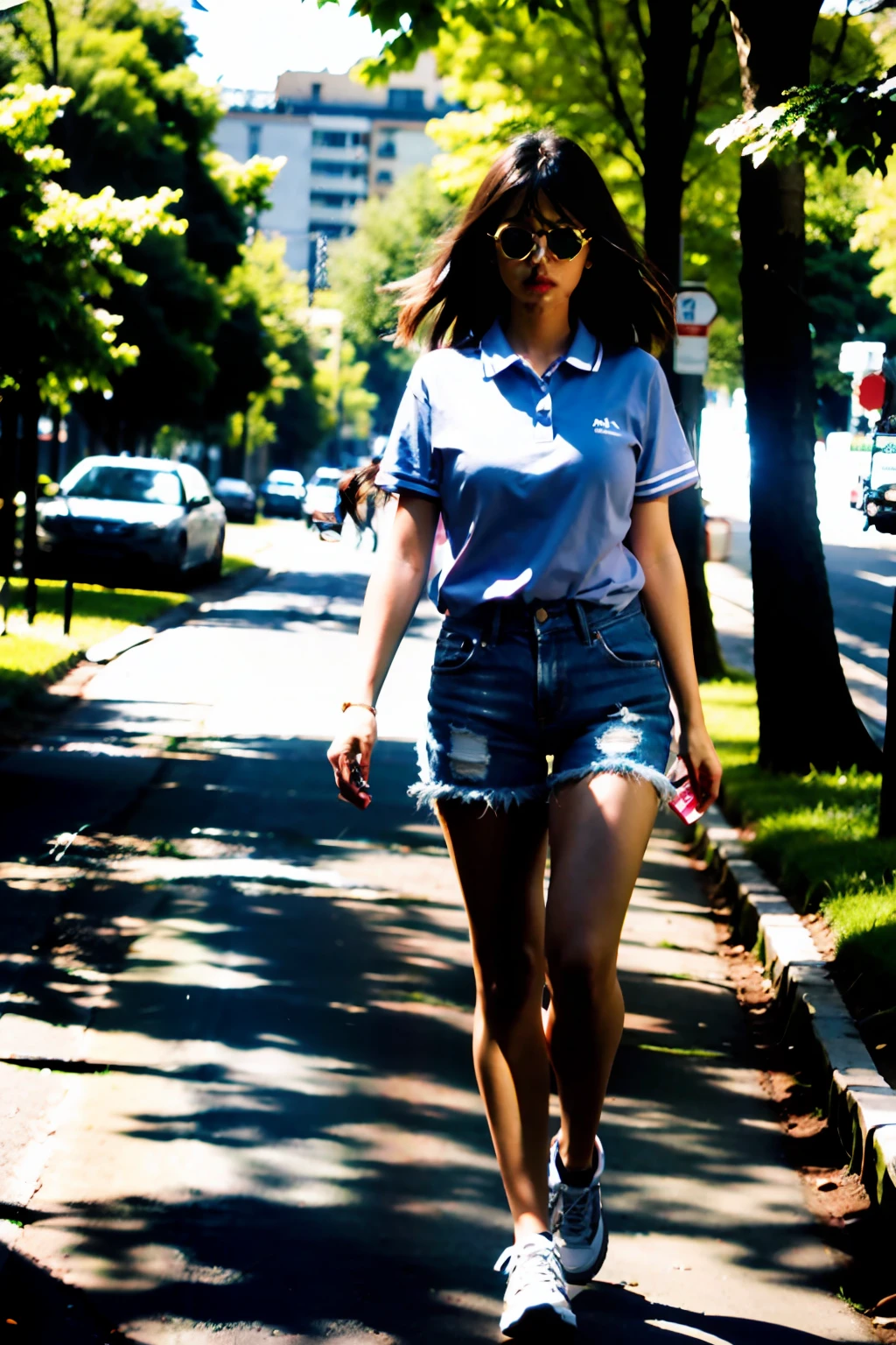 Beautiful 31-year-old woman full body, vestida en short y polo, caminando en una tarde de verano por un puerto , imagen en 3 D, calidad 23K, pocision centrada. Photo style 50 mm lens, apertura F 2.5