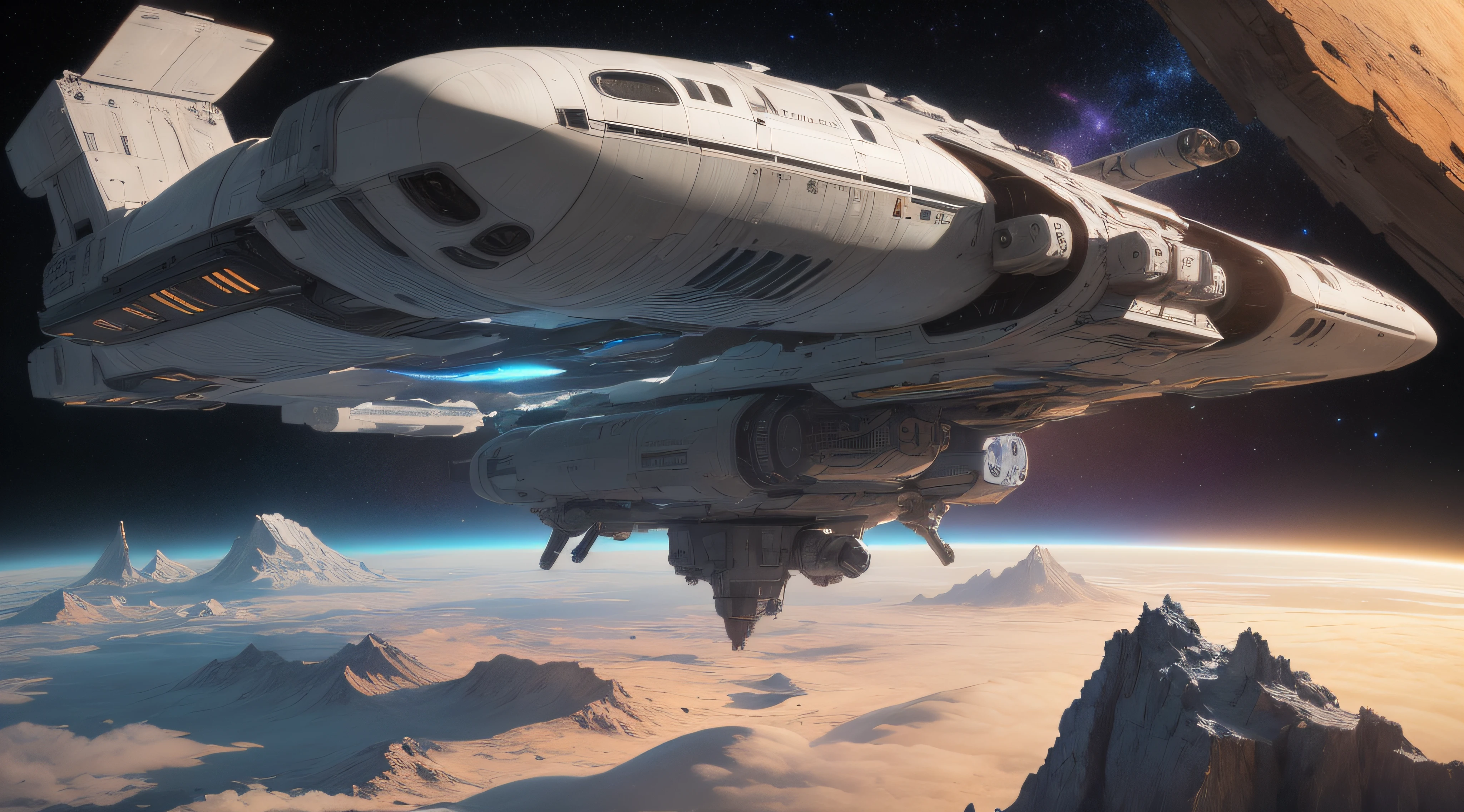 concept -art RetroFuturismAI: A wedge-shaped spaceship with a symmetrical shape, Dark shades, Lots of parts on board, Objects on the body, command post, in space against the backdrop of a spiral galaxy,