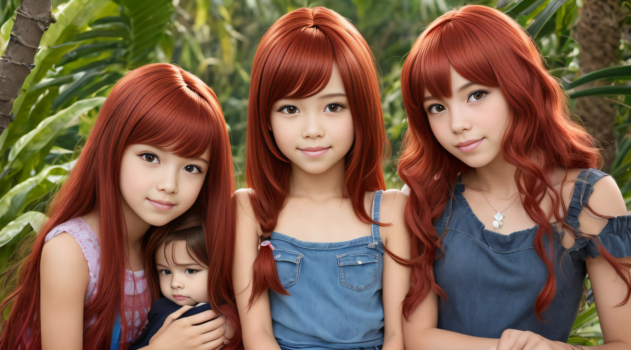 three girls KIDS 10 YEARS OLD with long red hair and red wigs posing for a photo, cabelo vermelho brilhante, cabelo laranja brilhante, longo cabelo vermelho brilhante, cabelo infravermelho, menina cabelo vermelho, pele laranja e cabelo ardente longo, cabelo como fogo, Red hair and attractive features, cabelo de fogo longo, cabelo laranja longo, Perfect Android girl family, por Bernardino Mei, cabelo vermelho ardente