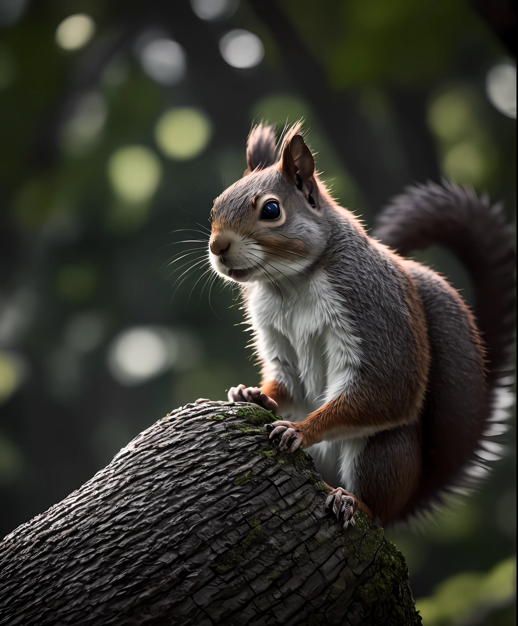 squirrel on a tree, hazelnut, cinematic, dark theme, rim light
