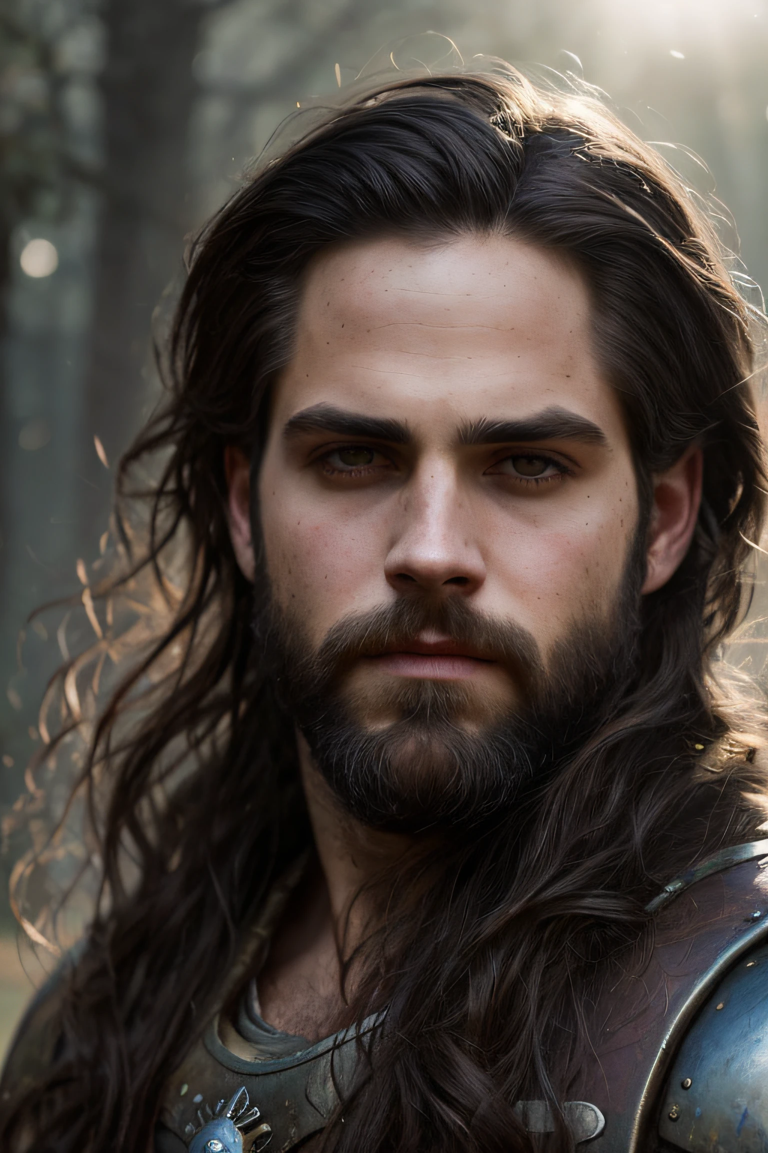 close up portrait of Brant Daugherty as a 26 years old fantasy male adventurer, pale skin, very long loose wavy shabby black hair parted in the middle, incredible grey eyes, long arched eyebrows, short beard, fantasy adventurer clothes, intense look, fascinating, slim and athletic, in a big medieval city, (backlighting), realistic, masterpiece, highest quality, lens flare, shade, bloom, [[chromatic aberration]], by Jeremy Lipking, by Antonio J. Manzanedo, digital painting