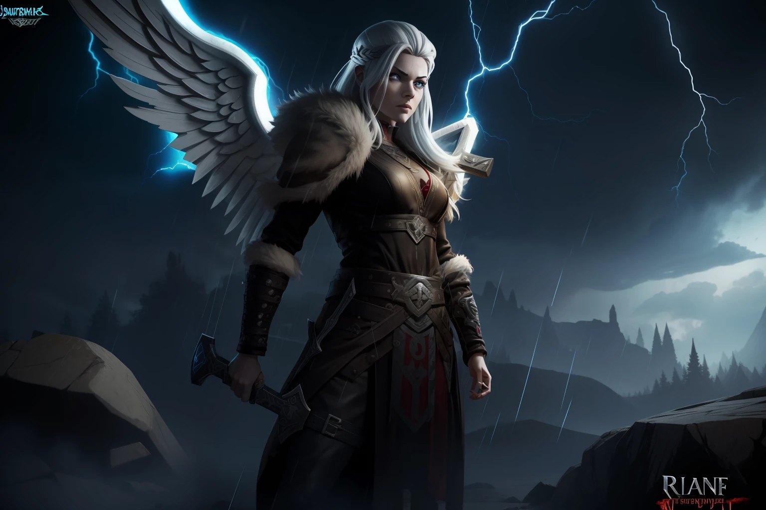 angel Viking woman, berserk, viking clothing, red eyes, White hair, dynamic pose, (with electric bass, rock bass in the form of rune), thunder, red lightning, storm, rain, microparticles, body in runes, dark fantasy, death metal, angelical aura, scandinavian runes, blood splashes,Cel-shaded, detailed, Arcane Animated Series Style, borderlands game style
