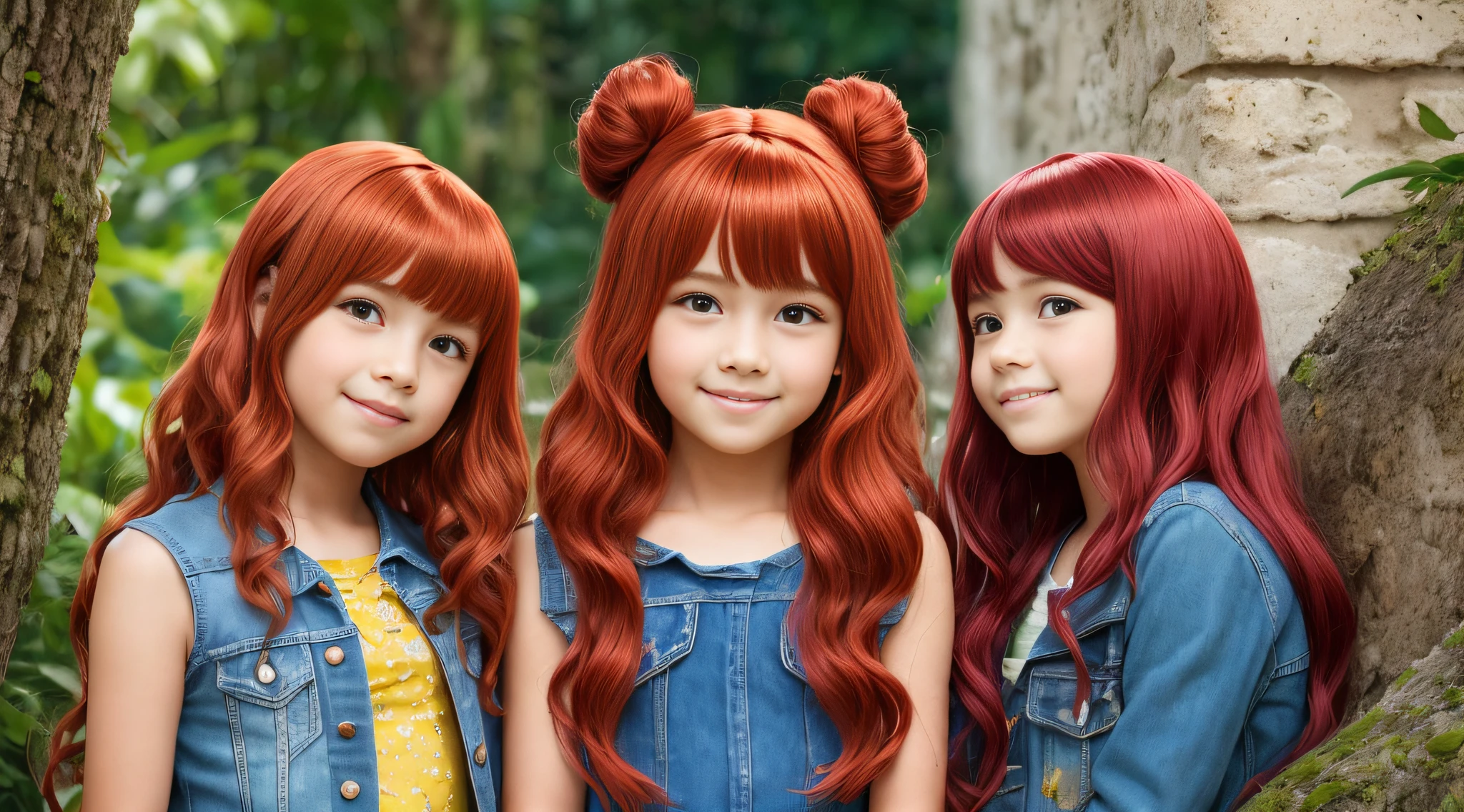 three girls KIDS 10 YEARS OLD with long red hair and red wigs posing for a photo, cabelo vermelho brilhante, cabelo laranja brilhante, longo cabelo vermelho brilhante, cabelo infravermelho, menina cabelo vermelho, pele laranja e cabelo ardente longo, cabelo como fogo, Red hair and attractive features, cabelo de fogo longo, cabelo laranja longo, Perfect Android girl family, por Bernardino Mei, cabelo vermelho ardente