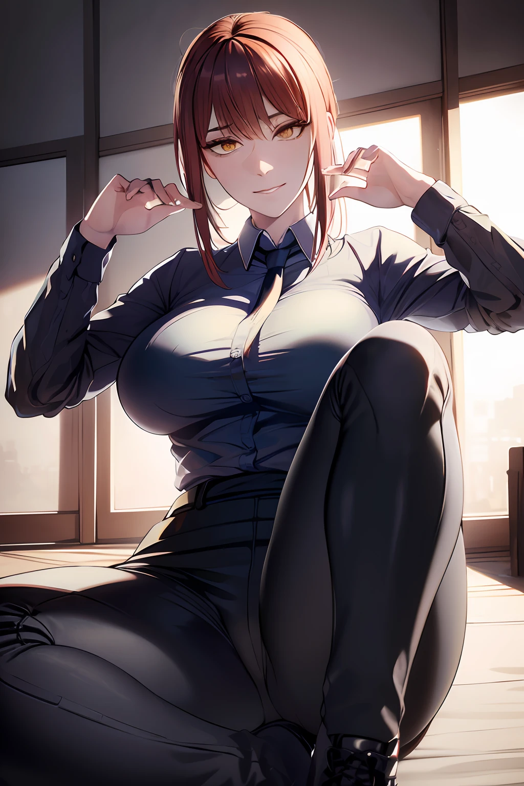 (view from front) woman Sitting with one leg bent and foot on opposite knee, (shirt, tie, pants:0.5) (detailed realistic face), (((hyperdetailed))), zoomed out, symmetrical face, detailed pupil, expressive eyes, makeup, real photography, modern look, Real photography (Realisitc:1.5), Detailed eyes, Detailed face, Detailed fingers,Big breasts, wide hips,