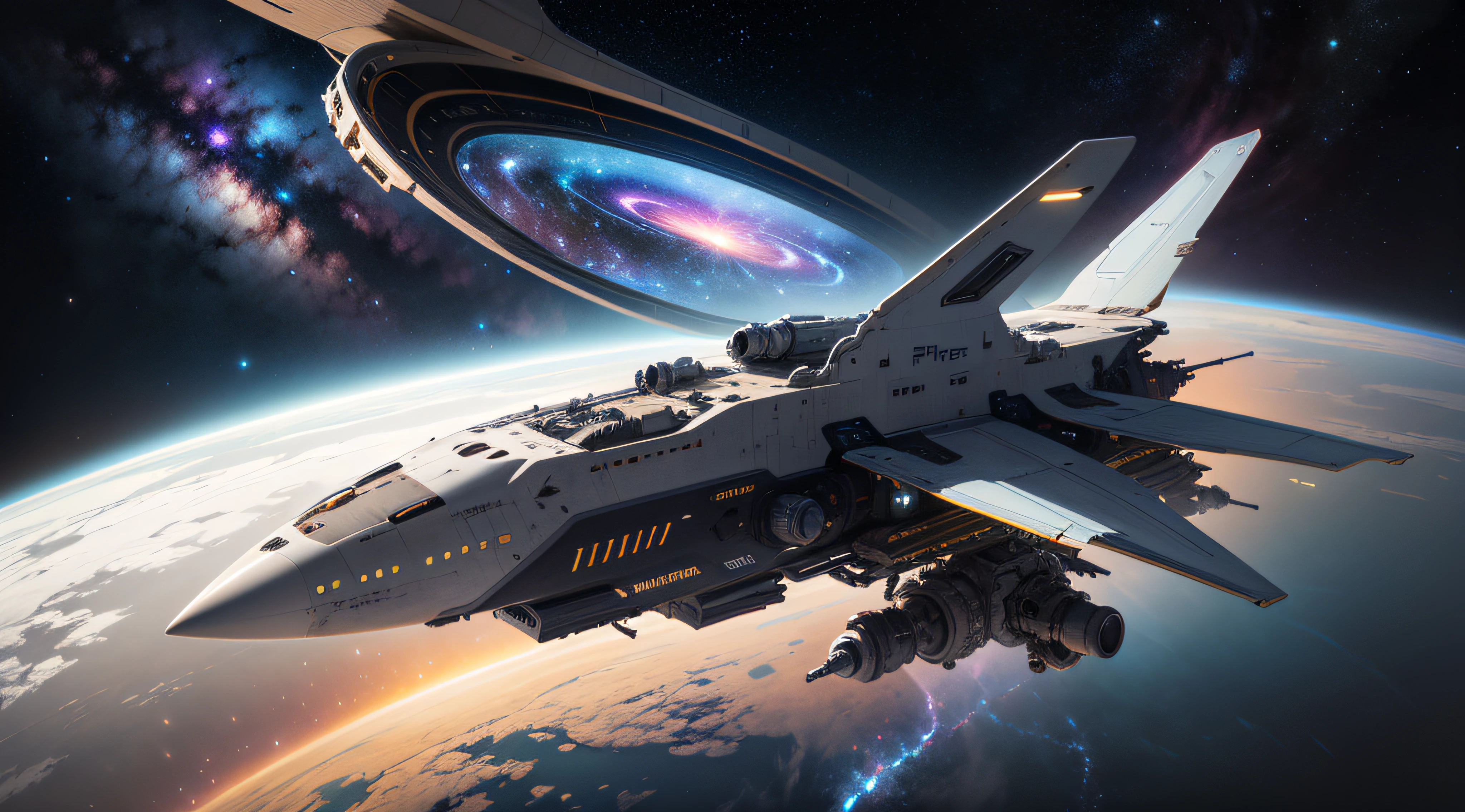 concept -art RetroFuturismAI: Wedge-shaped spaceship, Dark shades, Lots of parts on board, Signs on the body, command post, in space against the backdrop of a spiral galaxy,