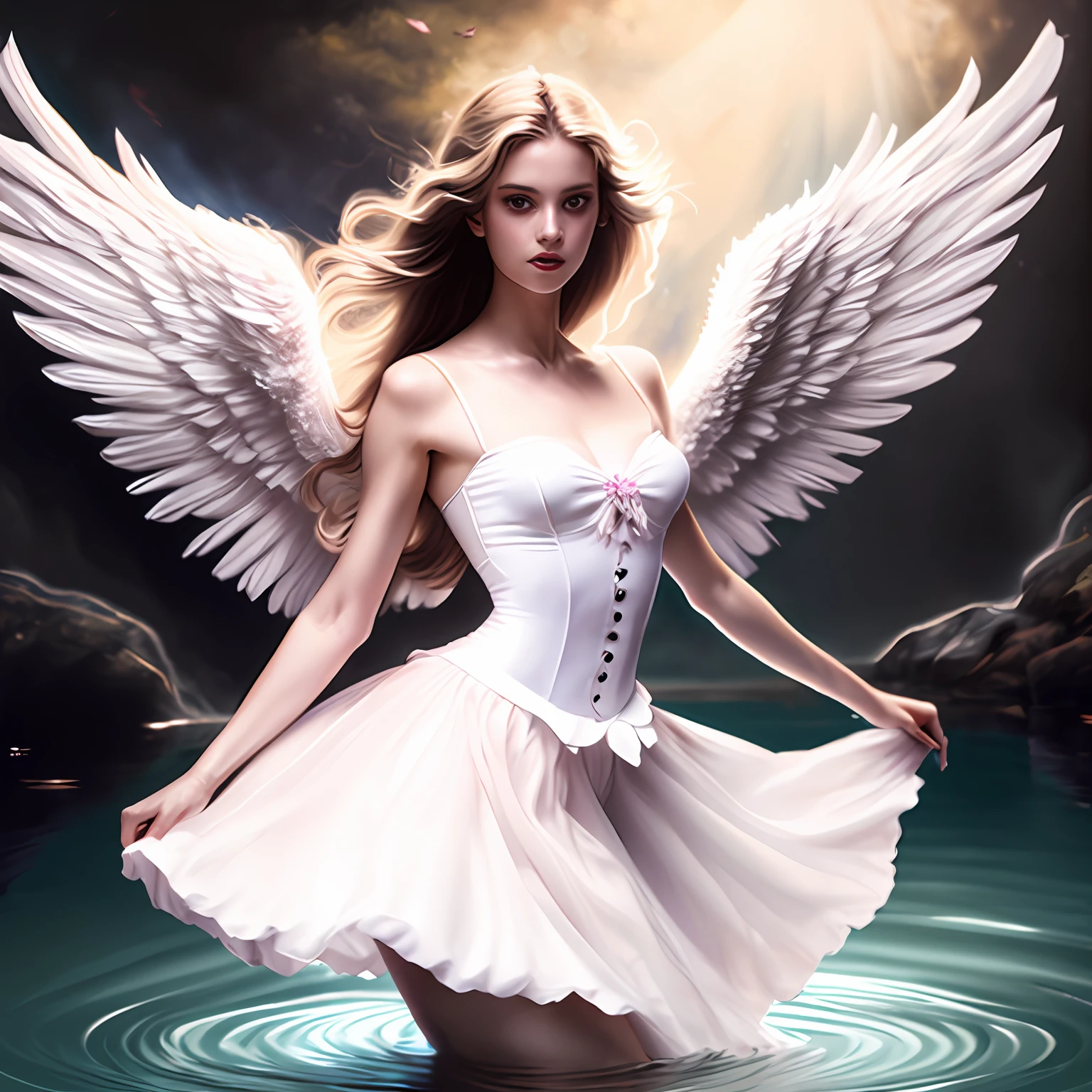 photo (fallenangel style:1) a digital painting of an (attractive angel:1) standing in the water wearing a white silk corset and ballerina skirt