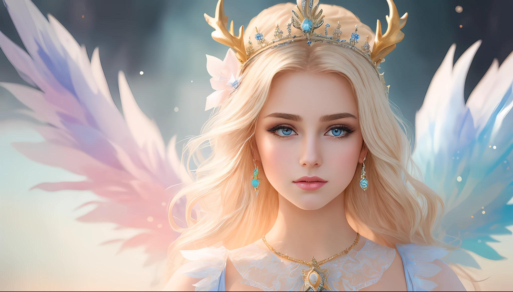 a photography, HD,, photo, woman, beautiful dress ornate, mdjrny-v5, style portrait of a gorgeous blond female in the style of stefan kostic, realistic, half body shot, sharp focus, 8 k high definition, insanely detailed, intricate, elegant, art by stanley lau and artgerm, extreme blur flames background, Princess girl with wing, Blue, Pastel, glitter, dramatic, dreamy, pastel, Watercolor, Whimsical, Delicate, seashell crown, Trending on Artstation, Highly detailed, Intricate, Portrait, digital painting, Fantasy theme, Fantasy robes, Fantasy concept art, Fantasy character art, Smug, Teenage girl, perfect body, full body, dreamy, pastel, Watercolor, Whimsical, Delicate, seashell crown masterpiece, 8k, perfect lighting, , adult, female, cowboy shot, looking at viewer, cinematic lighting, Fawn