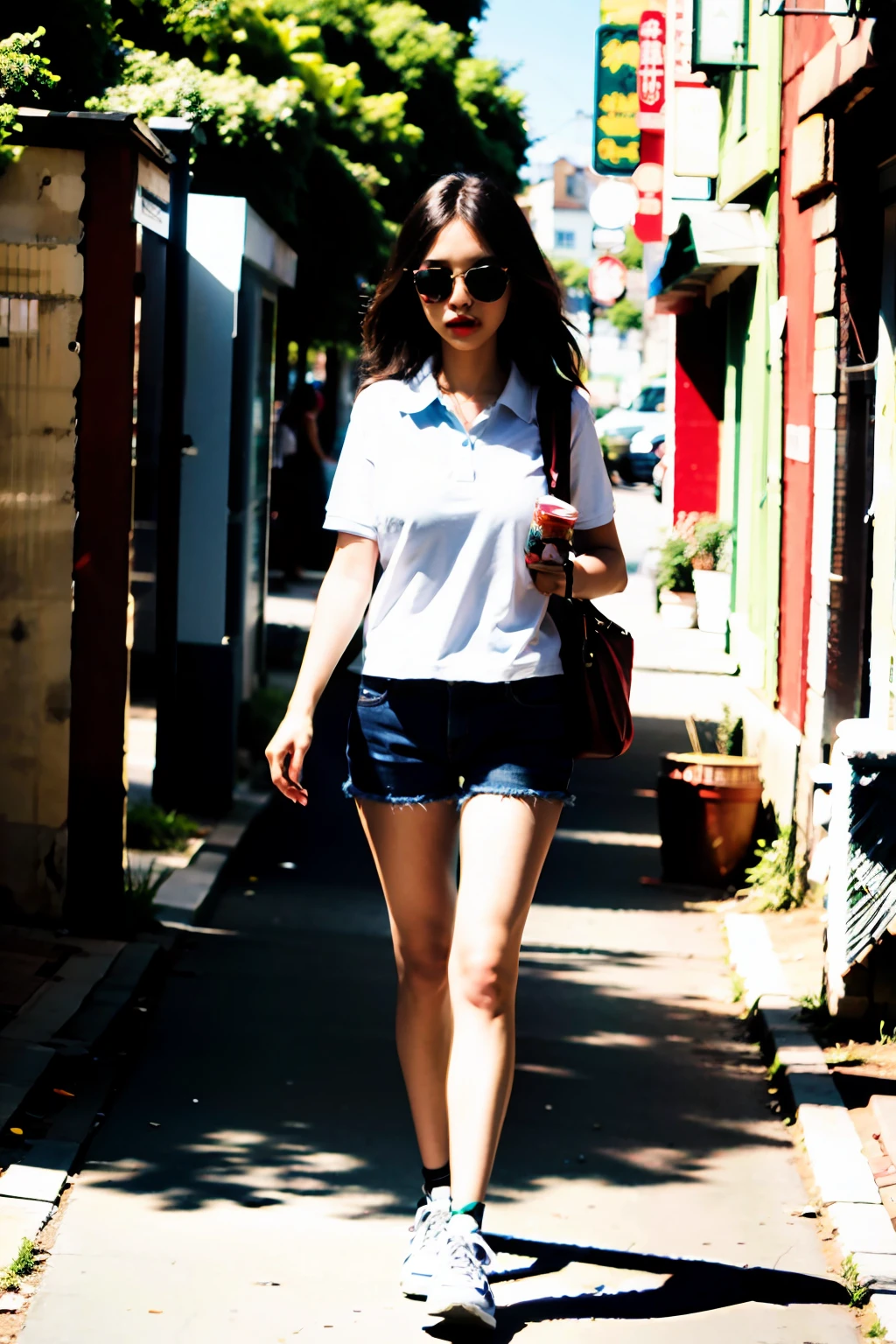 Beautiful 31-year-old woman full body, vestida en short y polo, caminando en una tarde de verano por   un  puerto , imagen en 3 D, calidad 23K, pocision centrada. Photo style 50 mm lens, apertura F 2.5