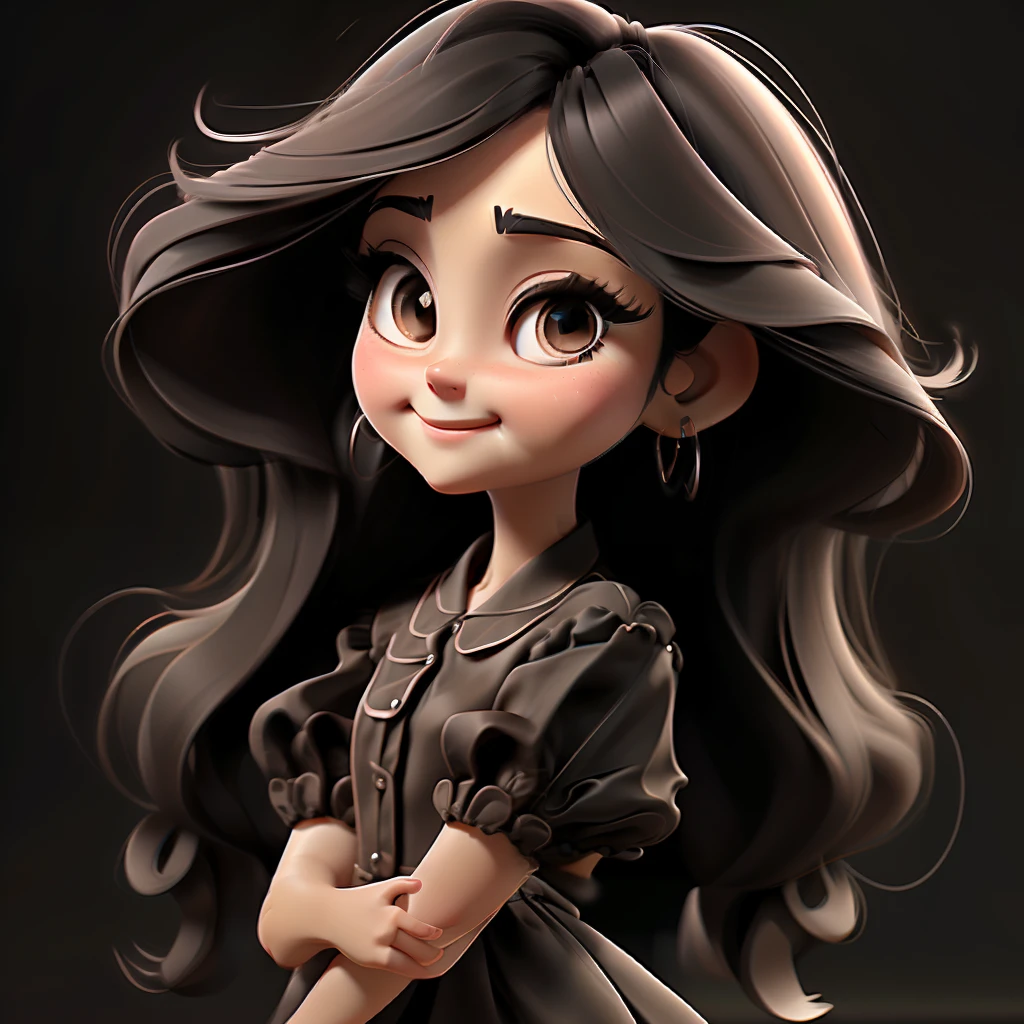 1girl, solo, long hair, BLACK eyes, black hair, smile, earrings, pajamas , short sleeves, jewelry, puffy sleeves, looking at viewer, dress, puffy short sleeves, upper body, simple background, BROWN dress, black background, blush, lips