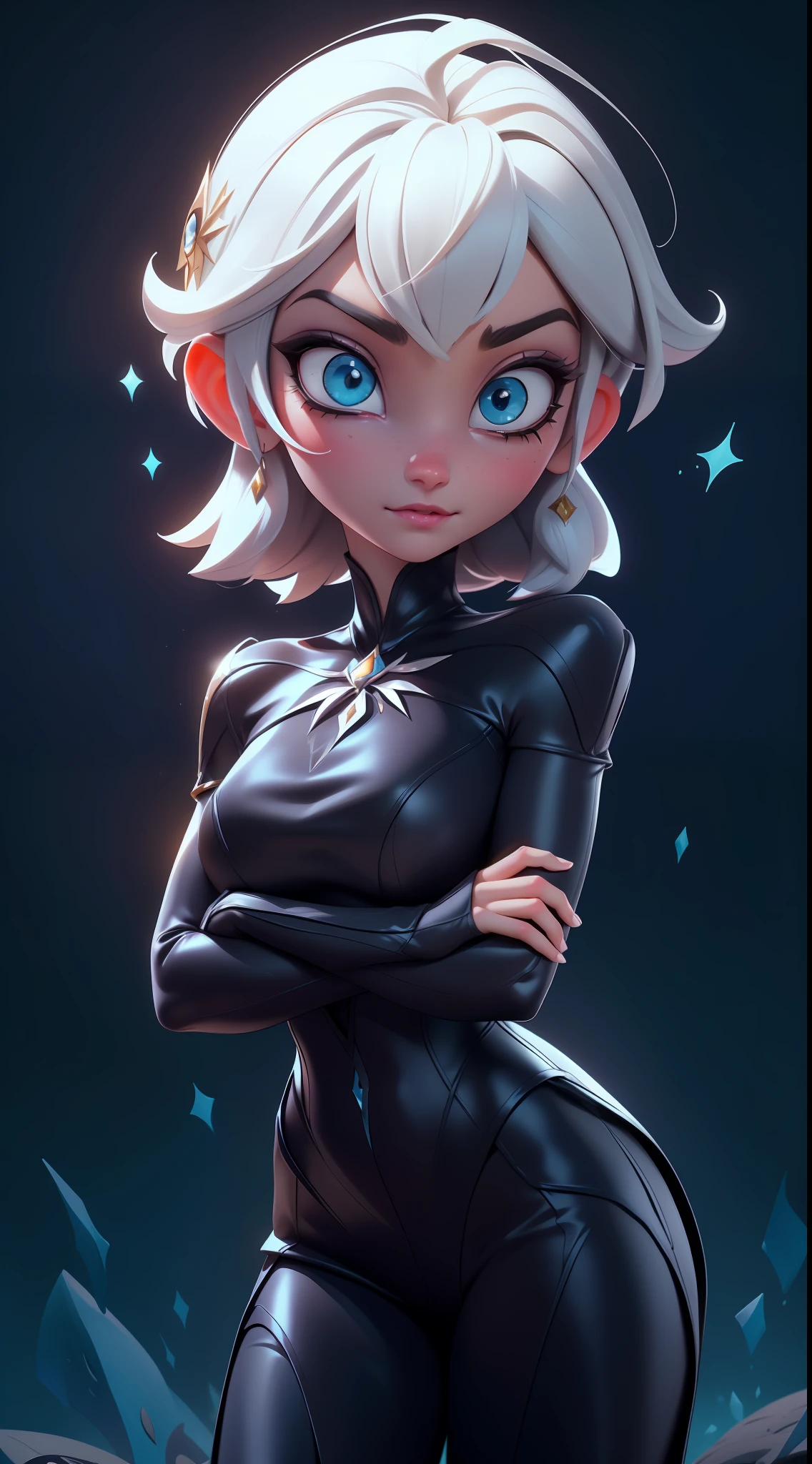 Elsa-Mavis Fusion, melting, Mesclando modelos, Roupas da Mavis, cabelos brancos, particuls, Hotel Transylvania, 1girl, Beautiful, (master part:1.2), (melhor qualidade:1.2), ((pose de luta)), ((campo de batalha)), cinemactic, olhos perfeitos, pele perfeita, perfect lighting, sorrir, luz, cor, pele texturizada, detalhe, Beleza, maravilha, ultra-detalhado, rosto perfeito