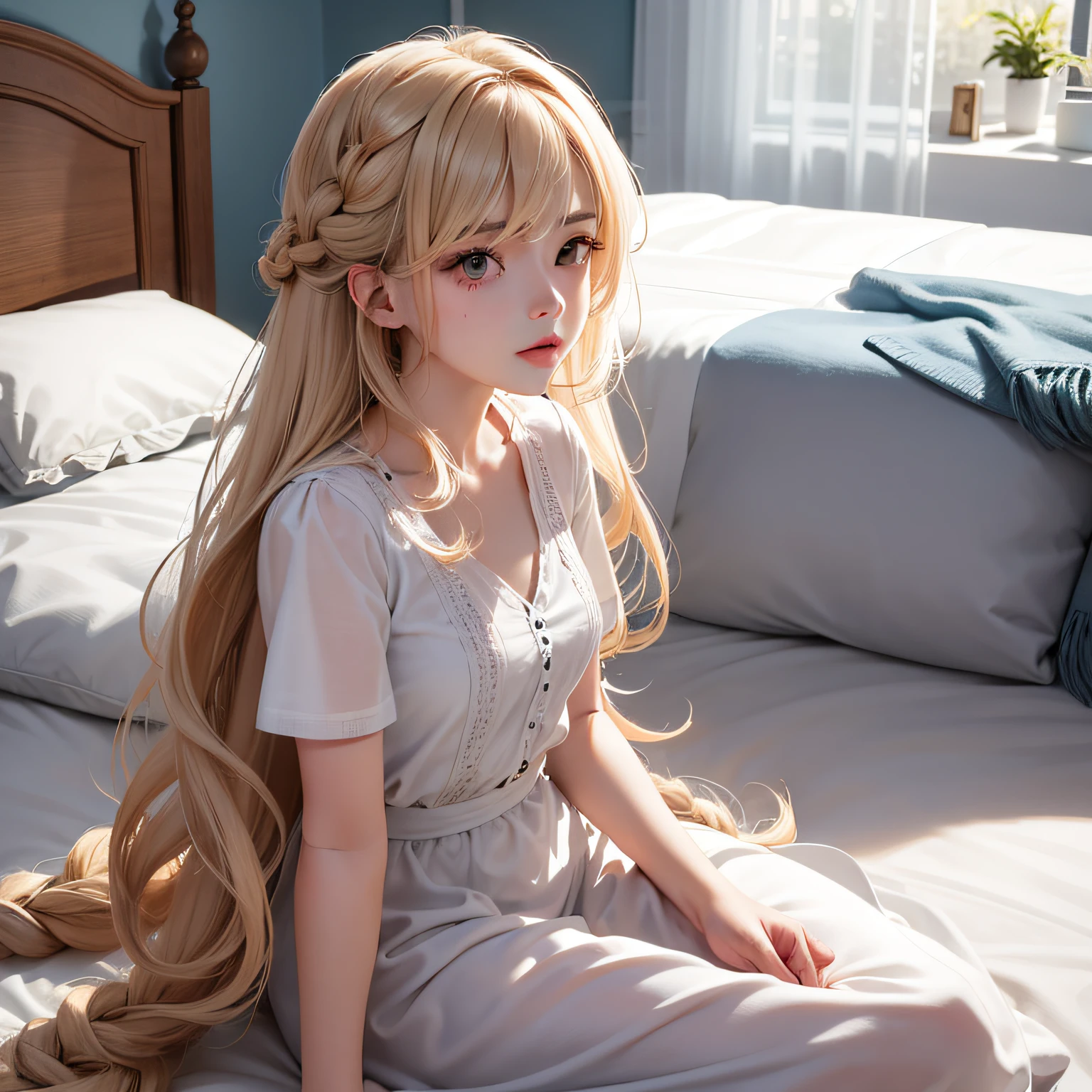 cabelos azuis longos cacheados, Braided hairstyle, dormir na cama, natural lightting, Cor RAW, usando vestido curto de noite, 8k, ilustrador, master part, alta qualidade, 8k, high resolution, alto detalhamento