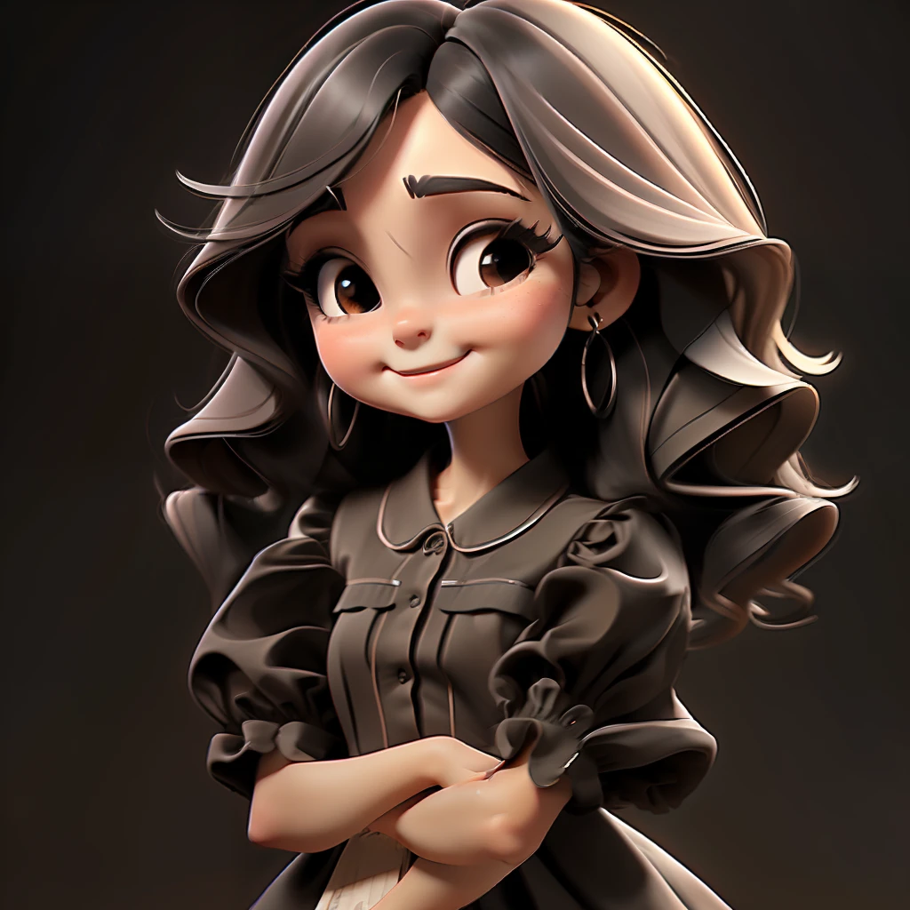 1girl, solo, long hair, BLACK eyes, black hair, smile, earrings, pajamas , short sleeves, jewelry, puffy sleeves, looking at viewer, dress, puffy short sleeves, upper body, simple background, BROWN dress, black background, blush, lips