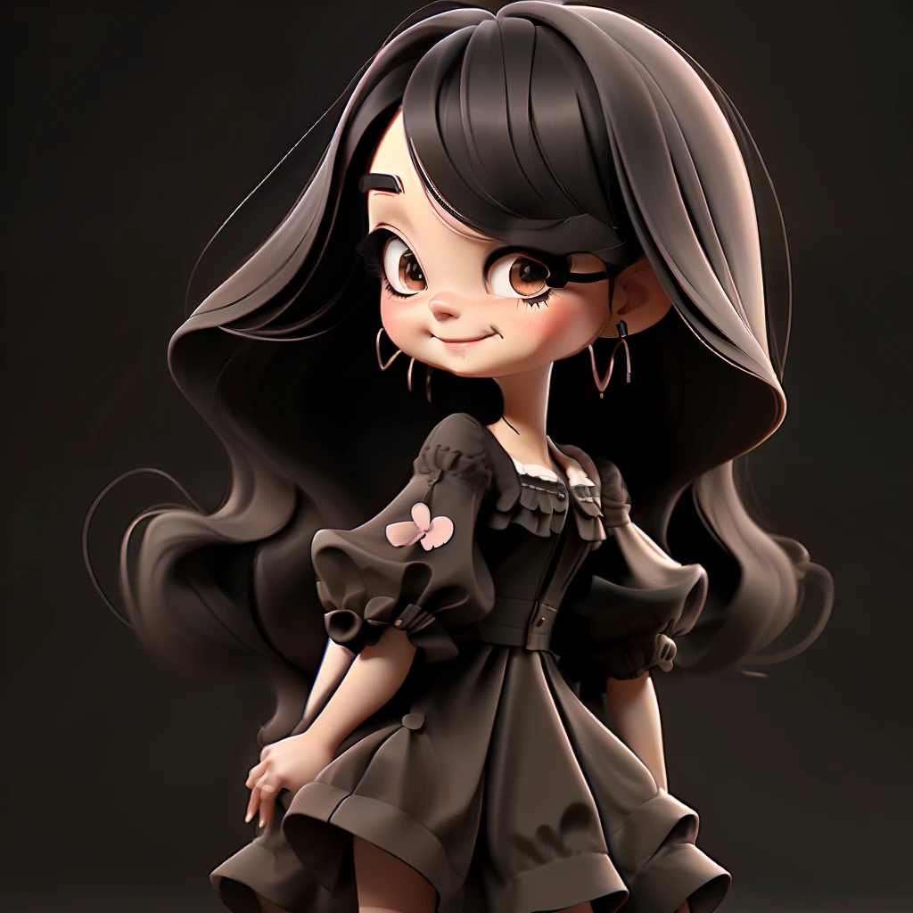 1girl, solo, long hair, BLACK eyes, black hair, smile, earrings, pajamas , short sleeves, jewelry, puffy sleeves, looking at viewer, dress, puffy short sleeves, upper body, simple background, BROWN dress, black background, blush, lips