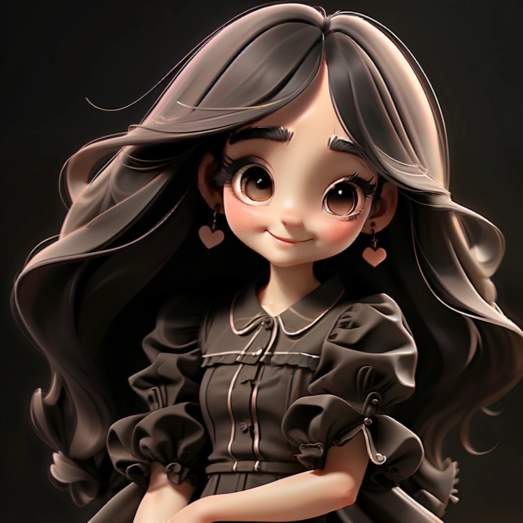 1girl, solo, long hair, BLACK eyes, black hair, smile, earrings, pajamas , short sleeves, jewelry, puffy sleeves, looking at viewer, dress, puffy short sleeves, upper body, simple background, BROWN dress, black background, blush, lips