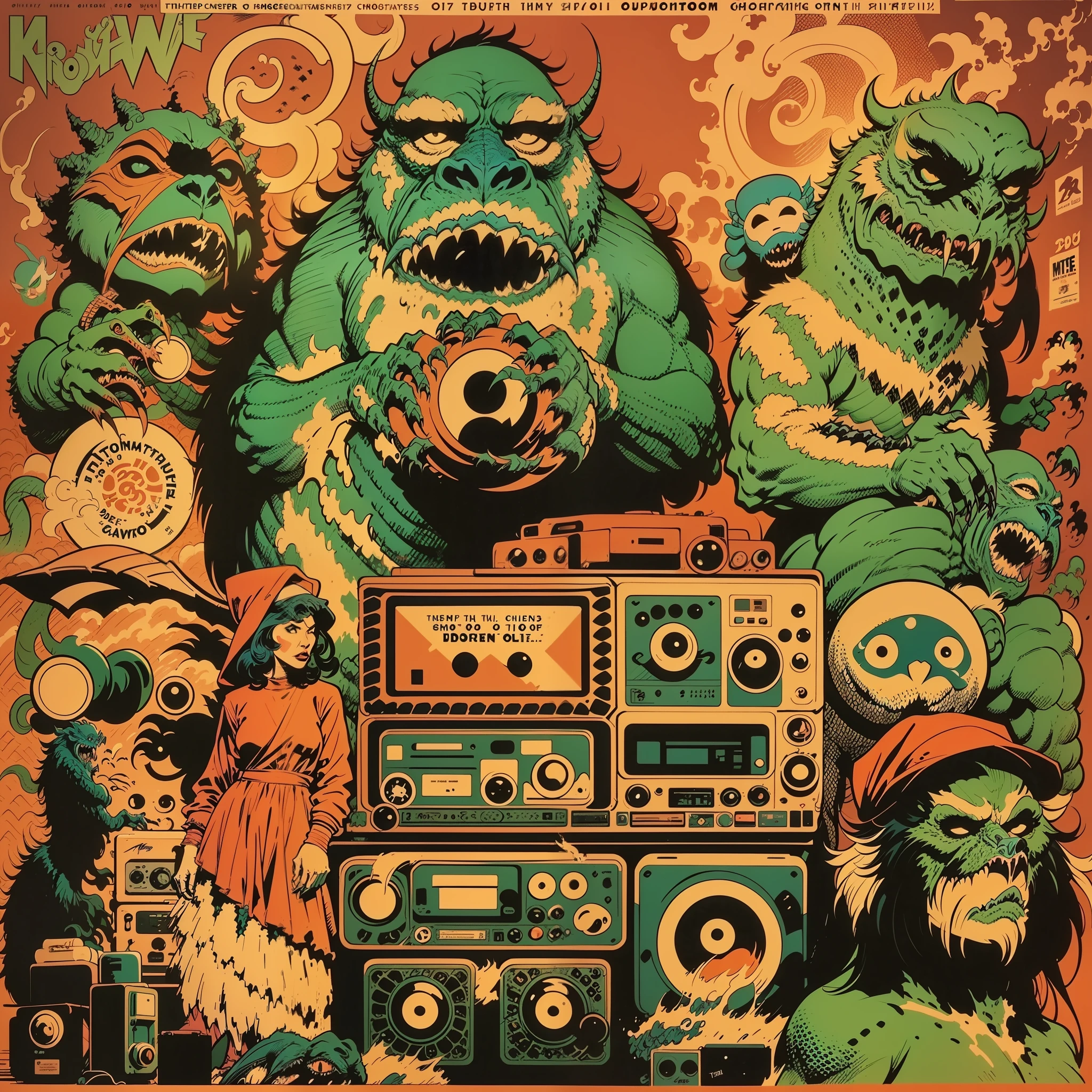 a ((((([crew of monsters creatures ])))))), ( full body shot) smoking big joints, ghetto blaster, lofi hip hop, audio equipments, retro technology, nostalgic vibes, vintage, the 6 0 s, propaganda Poster style, Poster design, poster art style. 1970s, 1950s, 1960s, Very colourful poster, colour art, thirds rule, inspiring, 1970, high quality artwork, poster art style, promotional artwork, hiphop, high quality wallpaper, poster artwork, style of shepherd fairey, in a retro or vintage style, reminiscent of classic advertisements or posters. Use warm colors, capturing the nostalgic feel of vintage artwork, bird's eye view