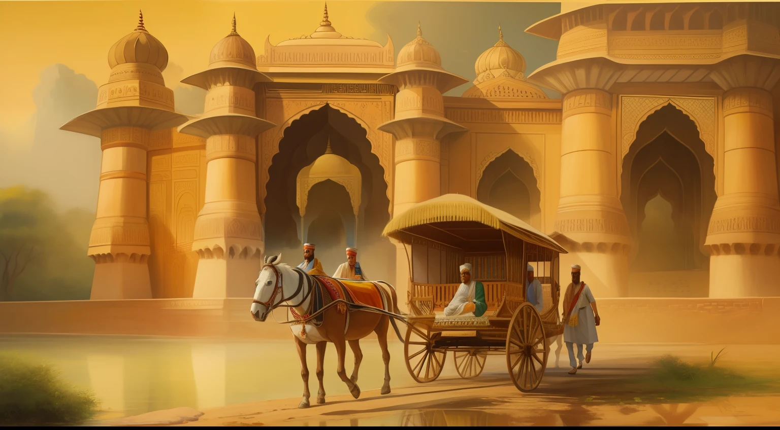 a bullock cart entering to a Indian king palace , 8k, oil painting,water painting