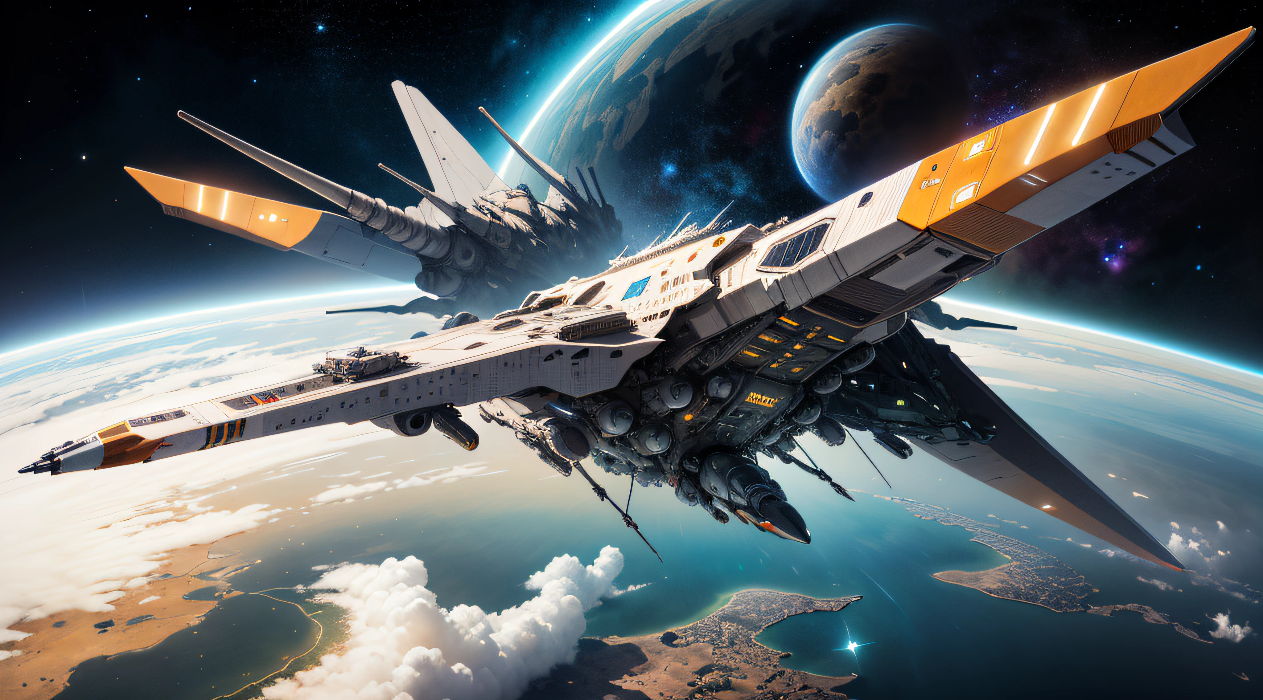 concept -art RetroFuturismAI: Wedge-shaped spaceship, Dark shades, Lots of parts on board, Signs on the body, Superstructure, command post, in space against the backdrop of a spiral galaxy,