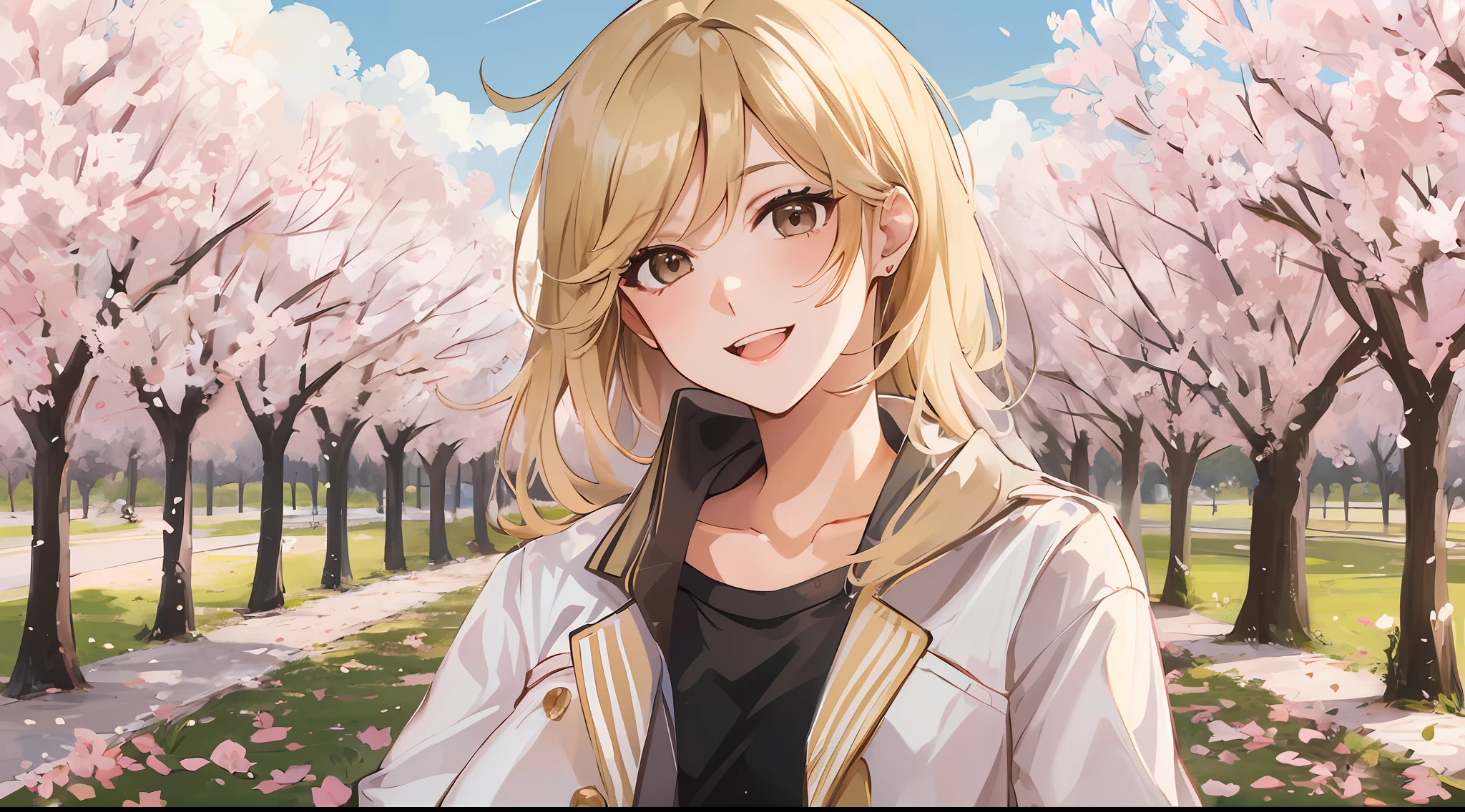 Cute young woman 25 year old in a parc full of cherry trees, she watches the camera, smiling with love in her eyes, white shirt, opened black jacket, blond hair, brown eyes, portrait, high quality, manga