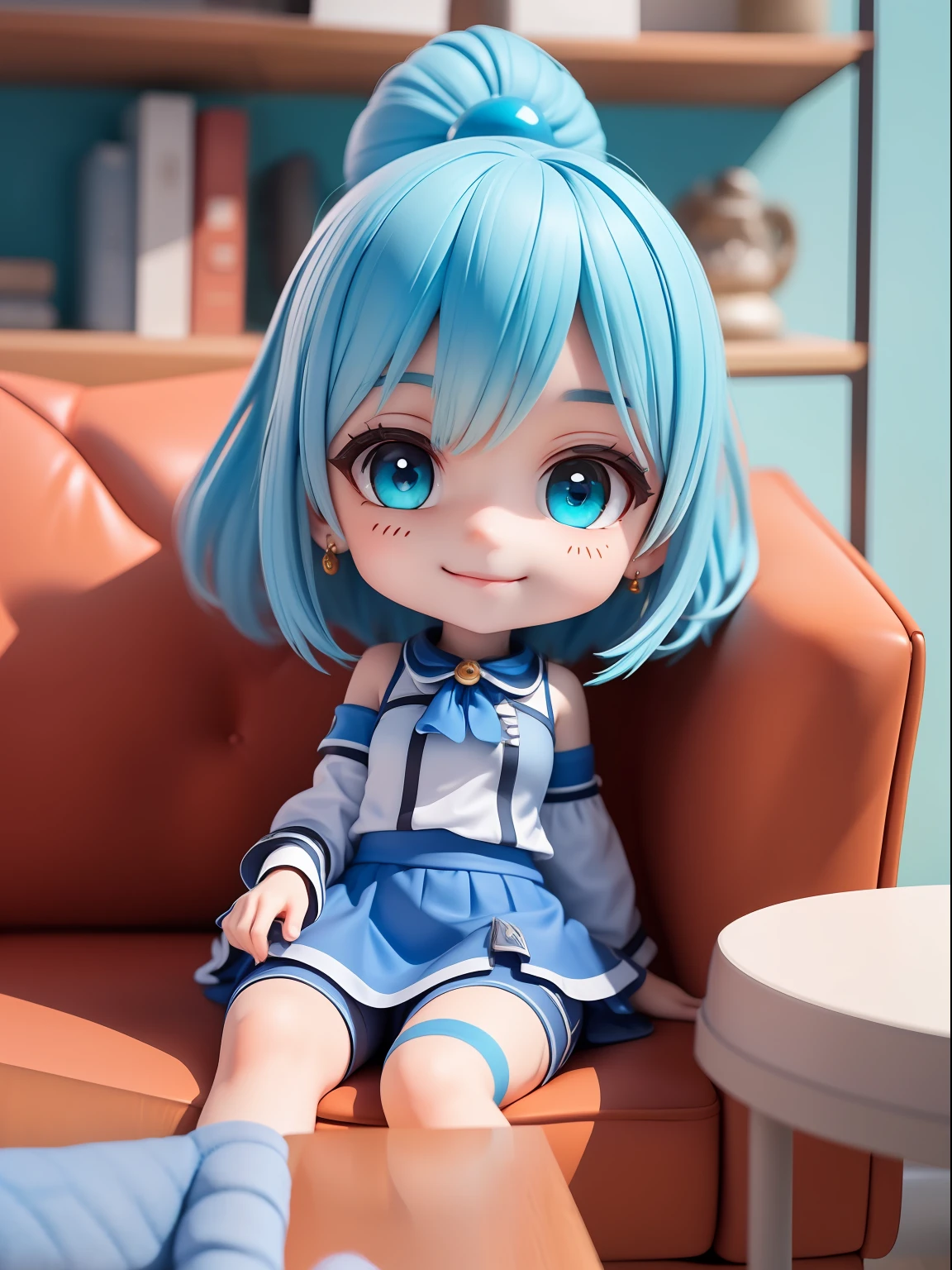 (masterpiece),(best quality),(Ultra-detailed), (full body: 1.2), 1girl(aqua_Konosuba), chibi,cute, smile, light blue long haircut, blue eyes, earring, blue shirt, blue skirt, lace socks, (sitting on the red couch), seductive posture, smile, An elegant black coffee table sits in front of the sofa and some decorative items are placed on the shelves, (beautiful and detailed face), (beautiful detailed eyes),